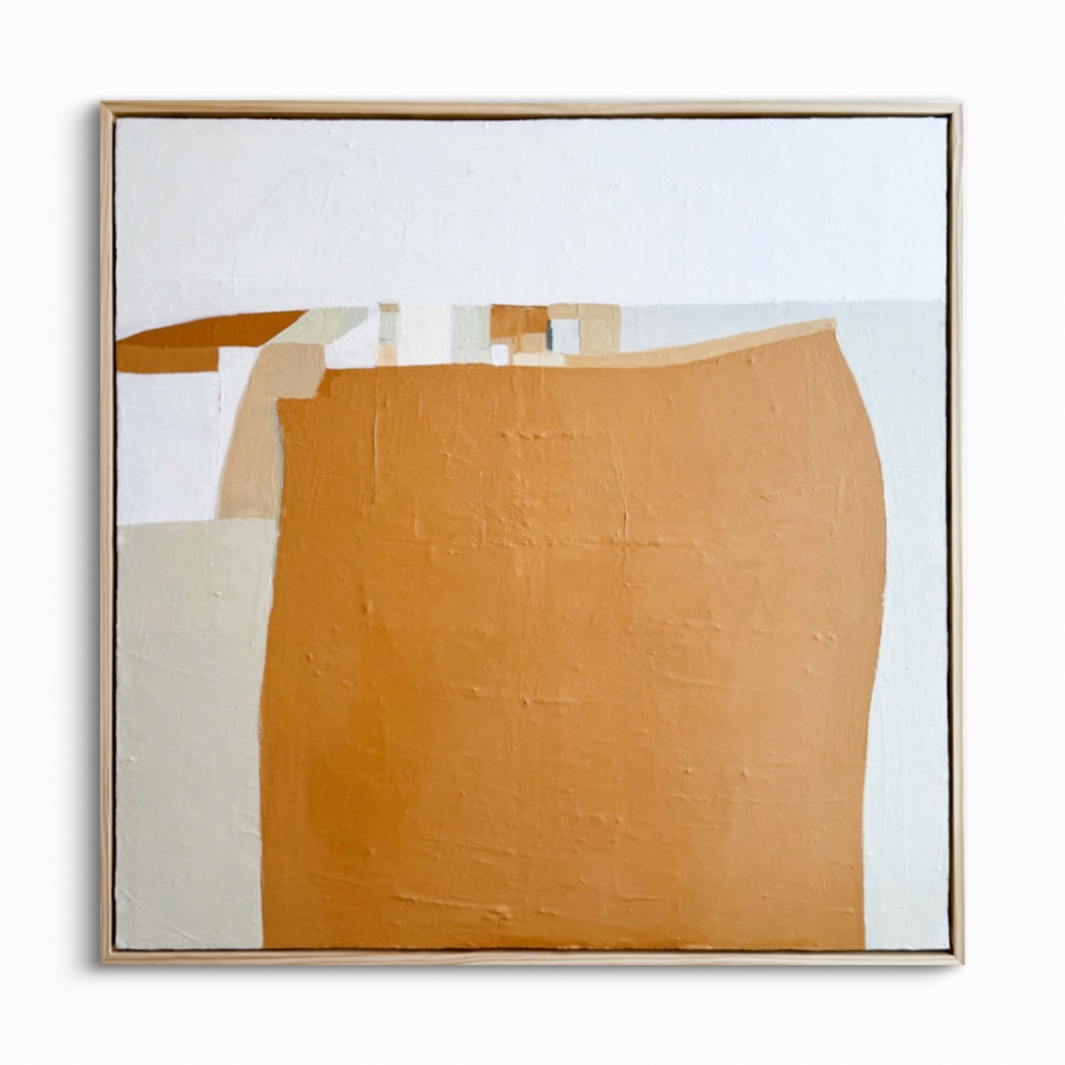 Spaciousness of Time – A textured, abstract painting featuring geometric shapes in a neutral color palette with a large terracotta curved area, created in 2024.