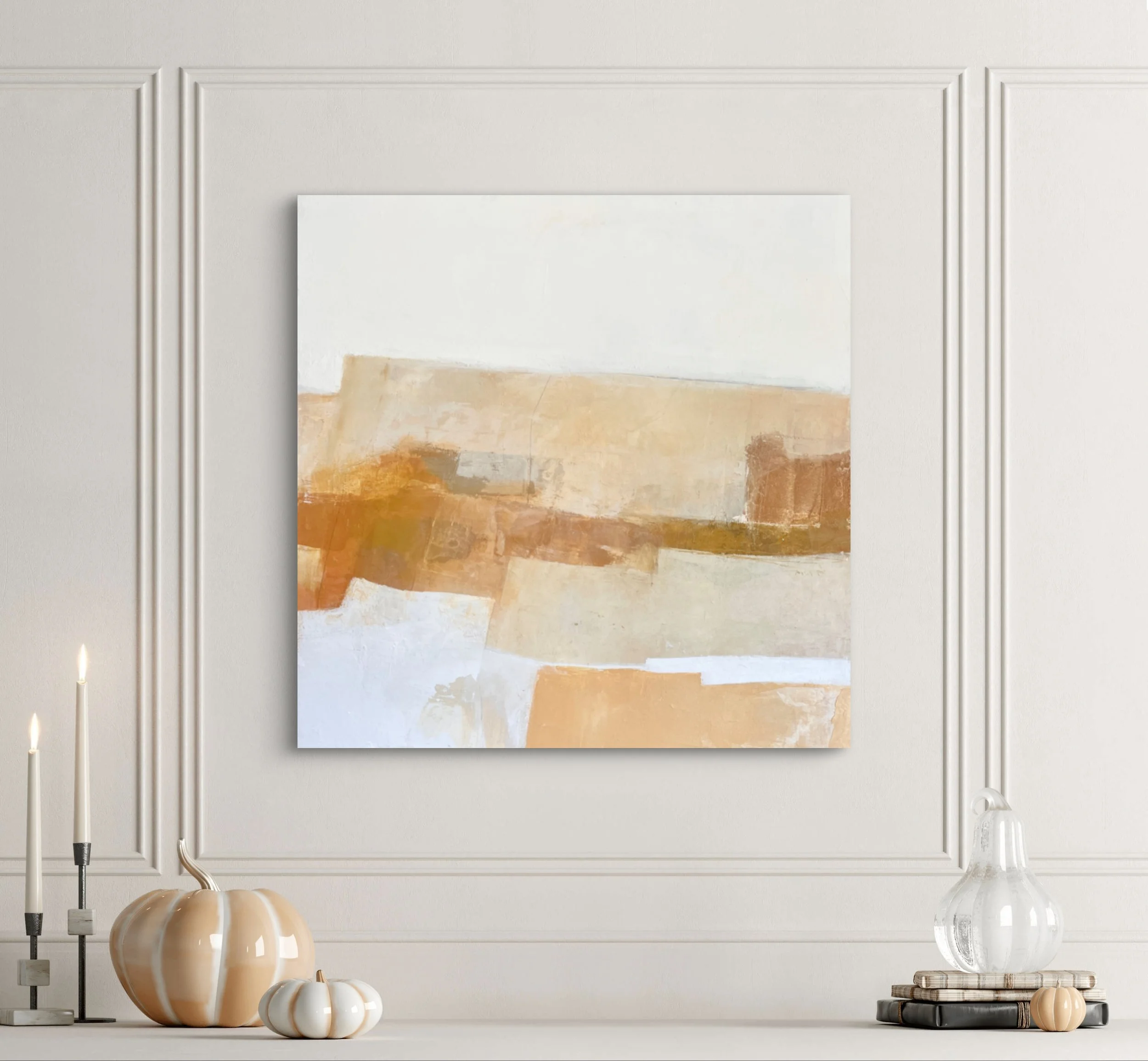 Acrylic and texture paste painting depicting layered, canyon-like forms in earthy terracotta and neutral tones.