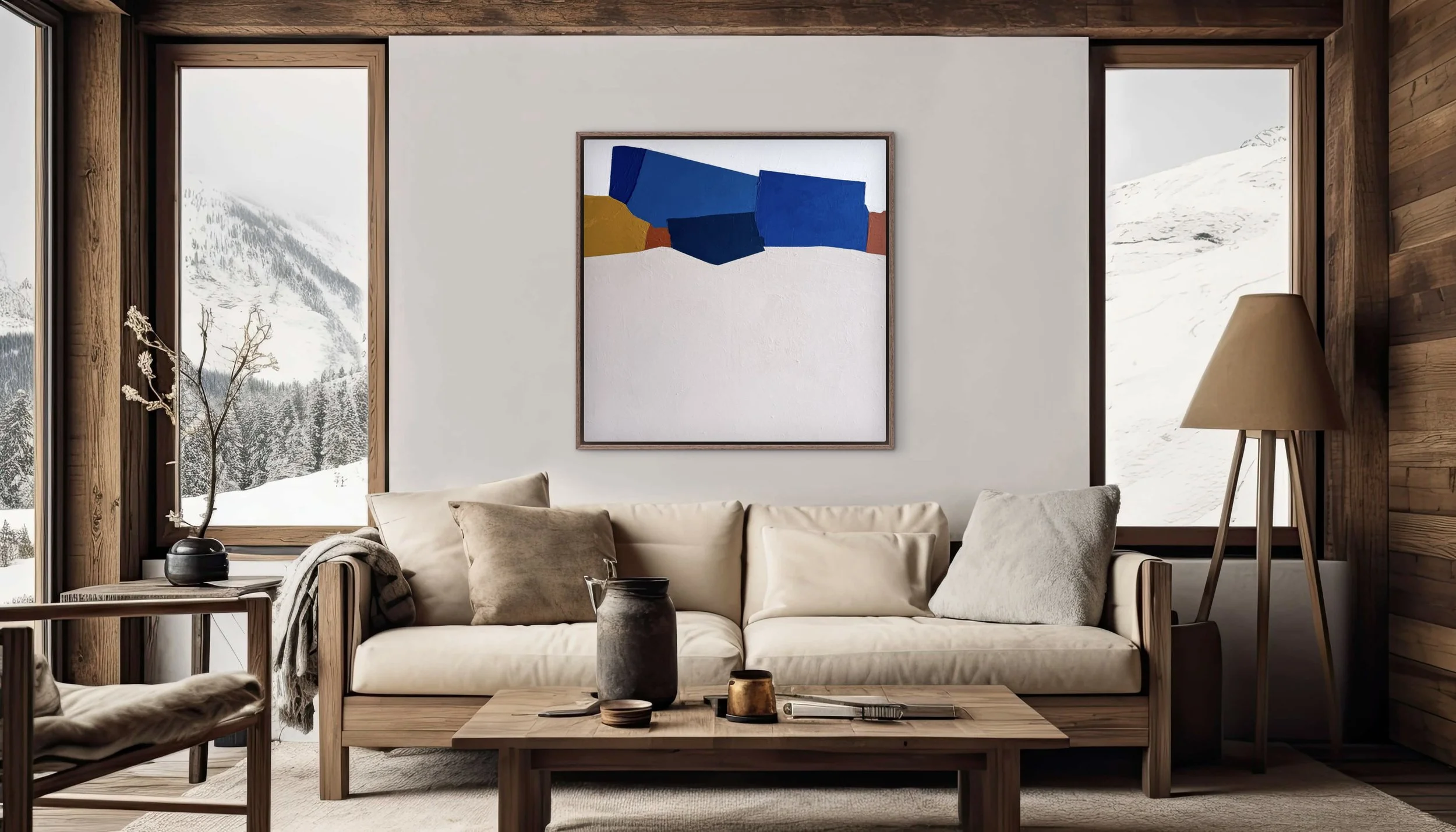 Abstract painting "Waking Up" by Melanie Biehle staged in a mountain lodge living room with wood beams and large windows
