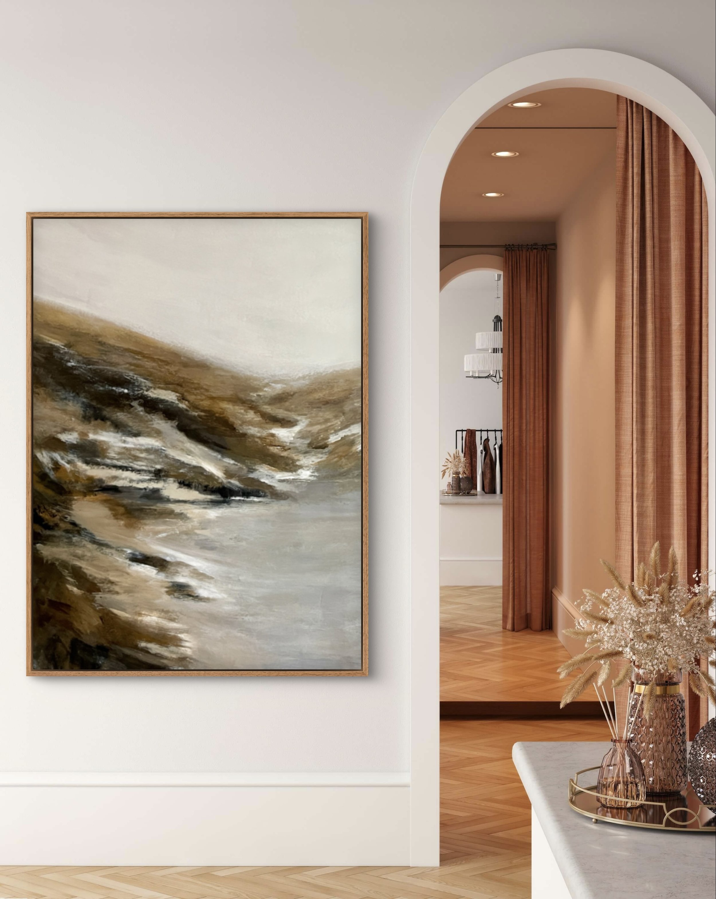 Wintering abstract landscape in brown and gray, displayed in a modern boutique, offering commercial interior designers a refined, calming artwork for sophisticated spaces.