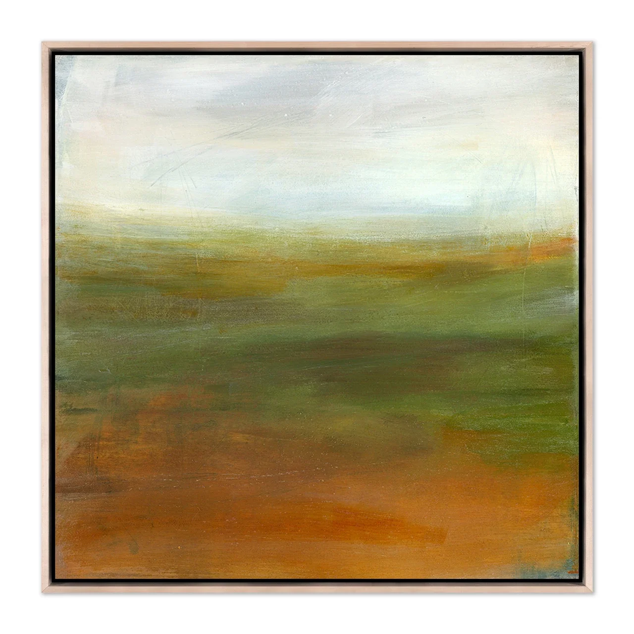 A Quiet Morning abstract landscape art print by Melanie Biehle, featuring soft blue, olive green, ochre, and rust tones in a natural wood float frame.