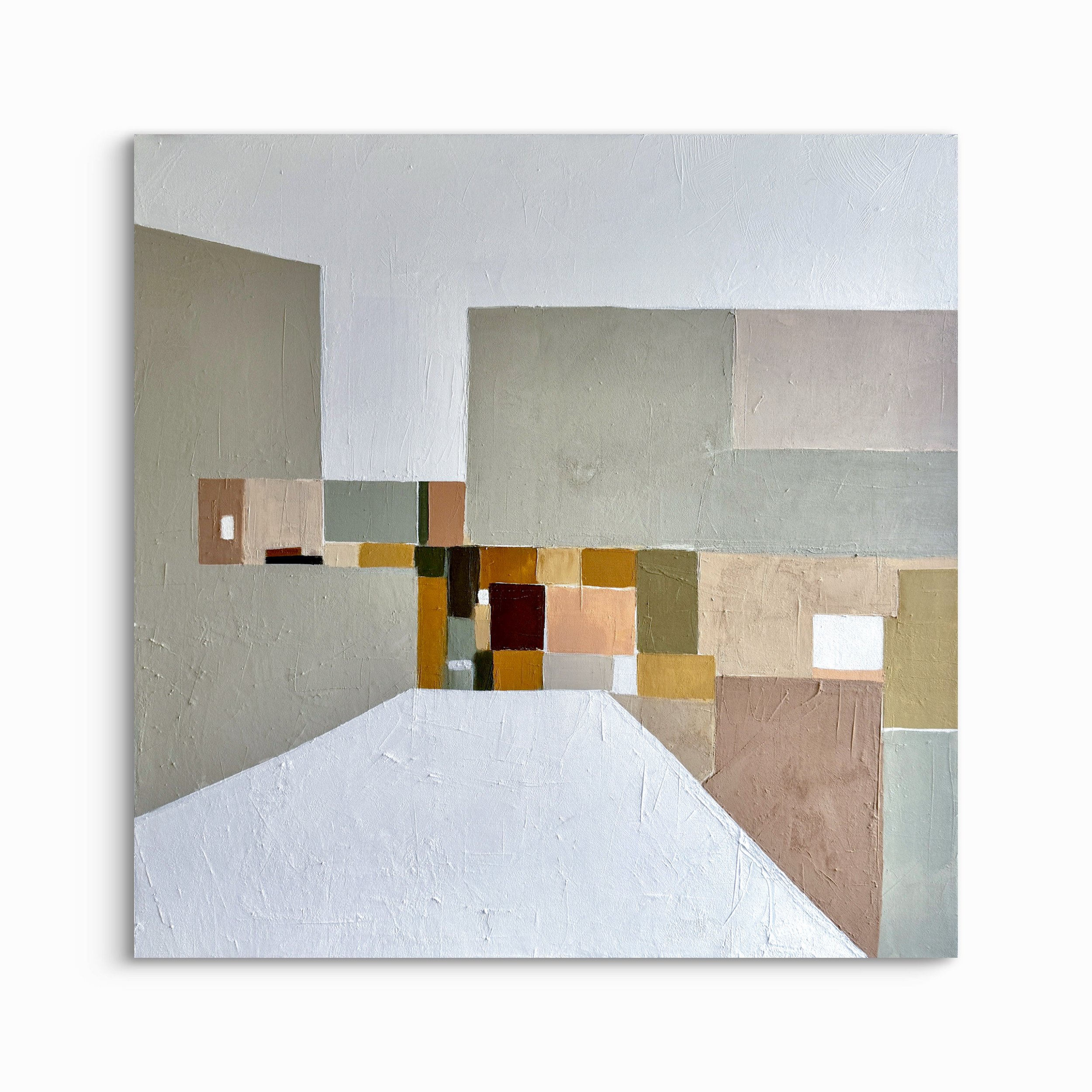 The Comfort of Structure by Melanie Biehle, abstract painting with architectural geometry.