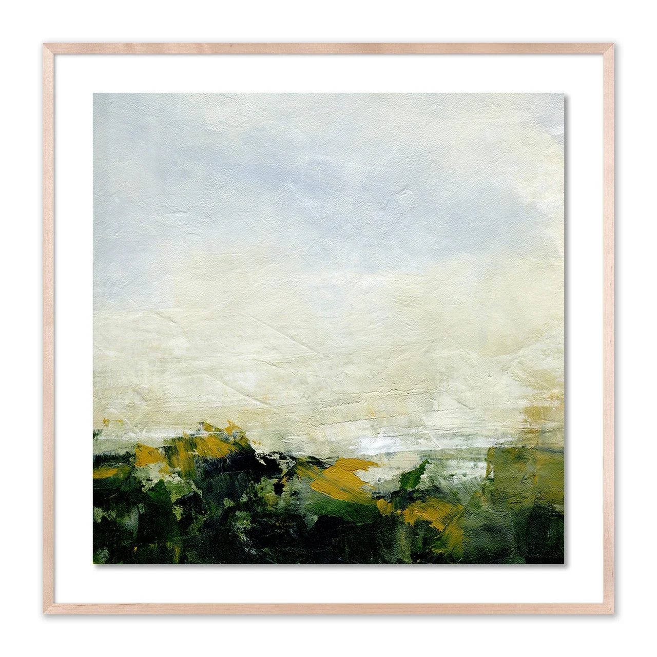 Through the Depths abstract landscape art print by Melanie Biehle, featuring a textured green and ochre landscape beneath a pale blue sky, matted in a natural wood frame.