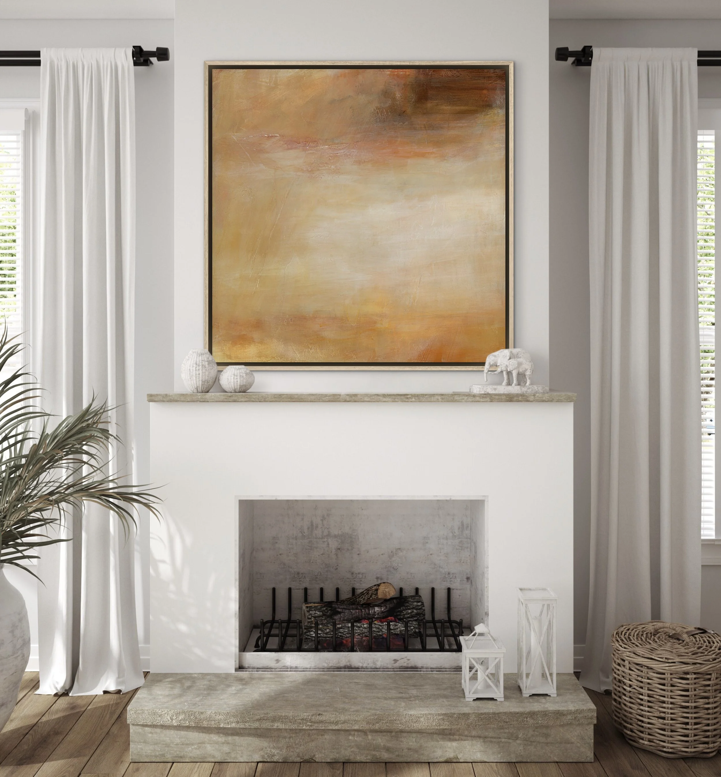 Coffee with a View abstract art print by Melanie Biehle in warm peach, caramel, and terracotta tones, displayed above a white fireplace in a neutral living room.