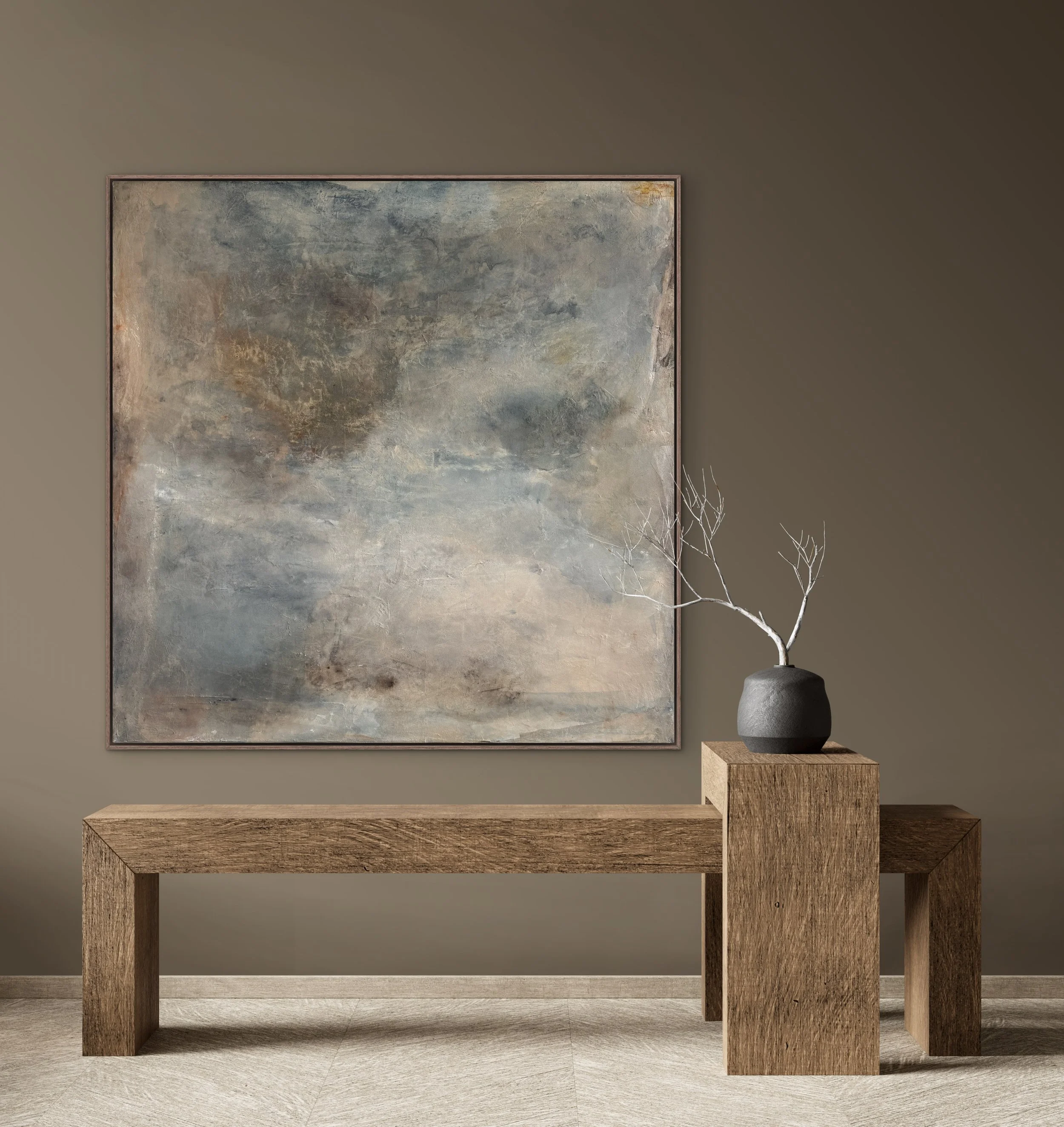 Atmospheric abstract painting by Seattle artist Melanie Biehle styled in a refined interior, illustrating how her work integrates seamlessly into design-led residential and hospitality spaces.