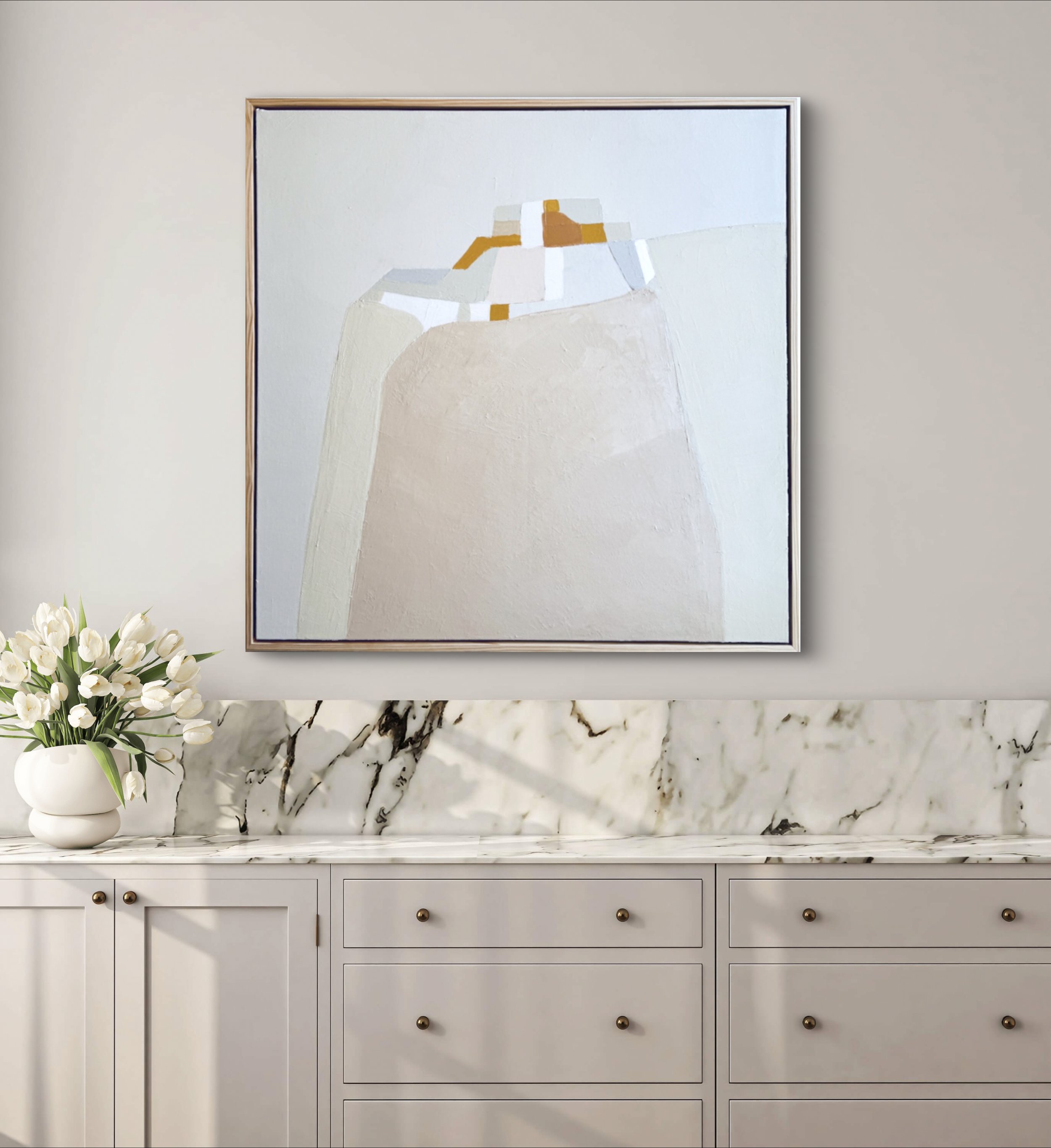 Worth the Trip displayed in a modern interior with clean lines, highlighting the soft curves and warm neutral tones of the painting.