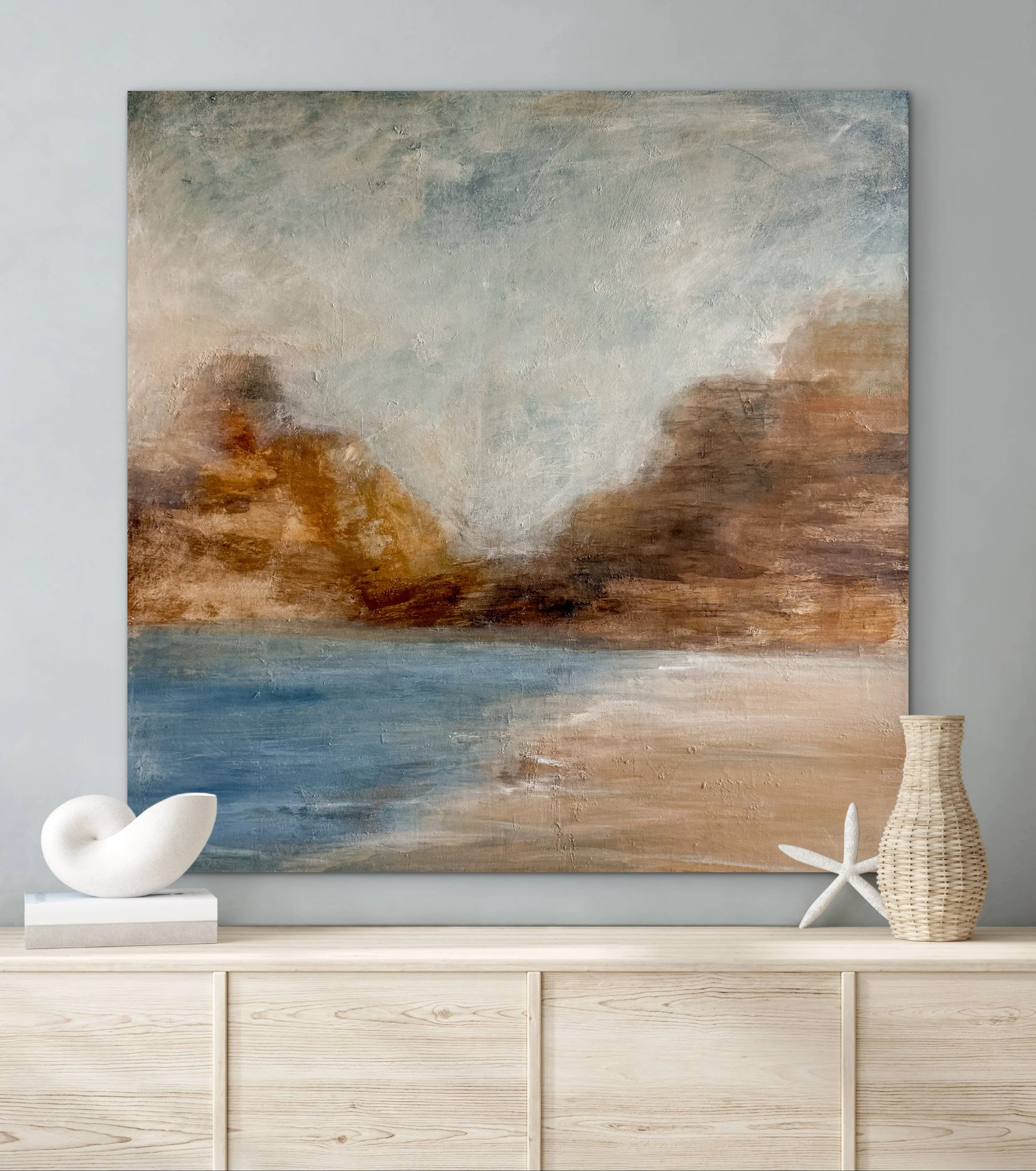 Where I Find Myself abstract painting styled in a beach house setting