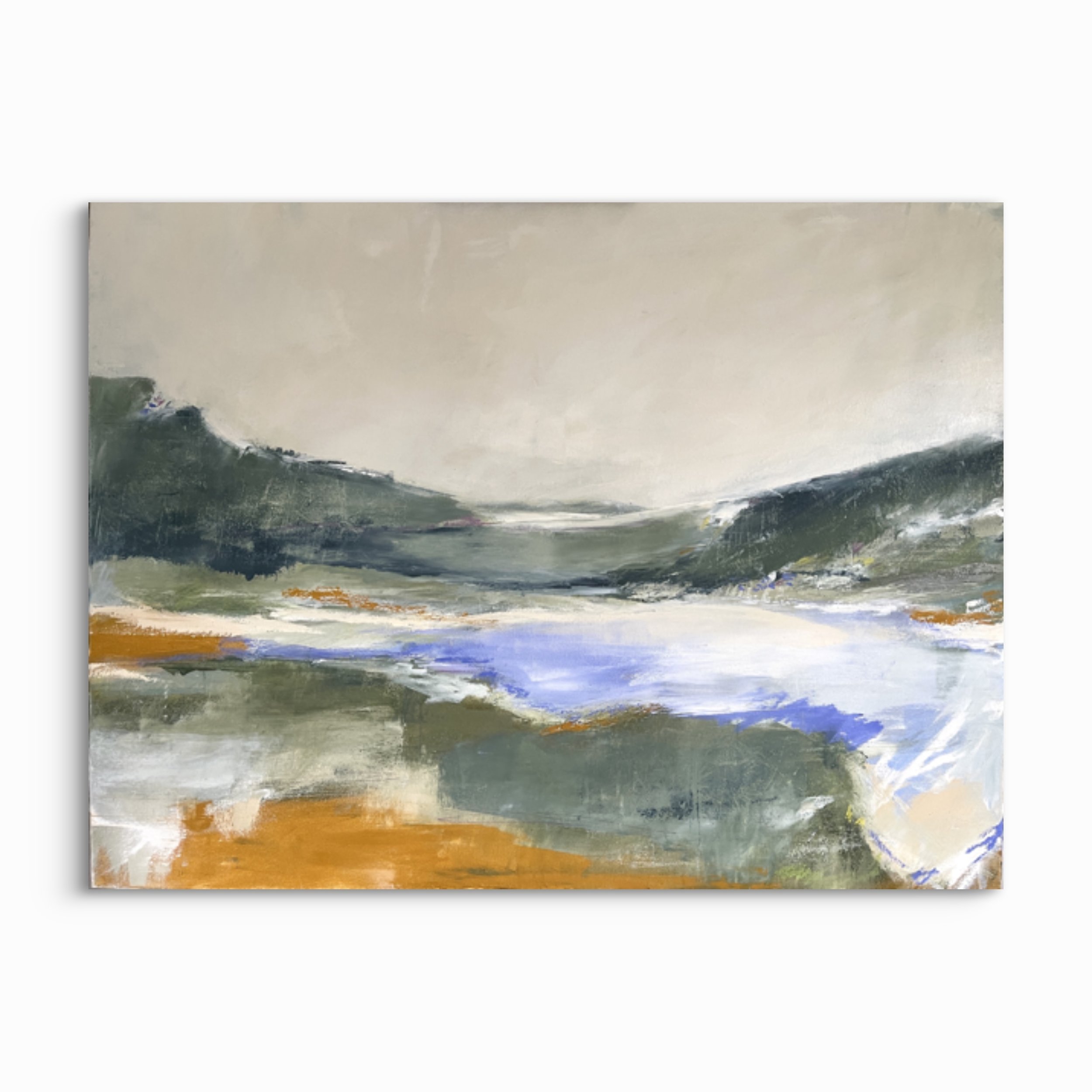 Contemporary landscape with soft sage greens, warm earthy tones, and lavender wildflower hues, evoking relaxation and inspiration.
