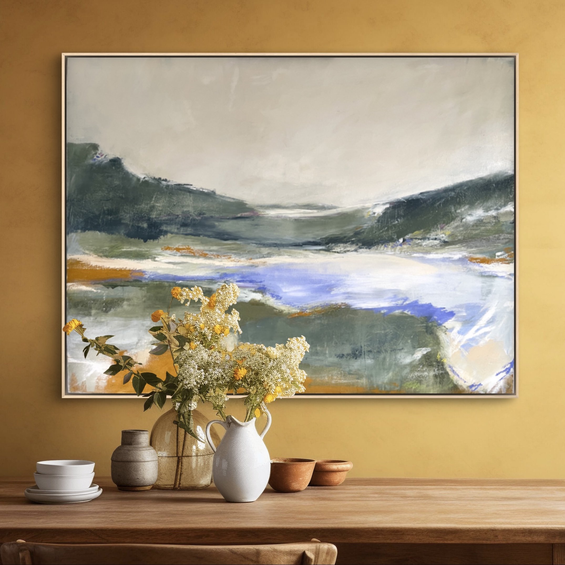 Abstract spring landscape in muted greens, lavender, and whites, capturing the essence of a peaceful California coast road trip.
