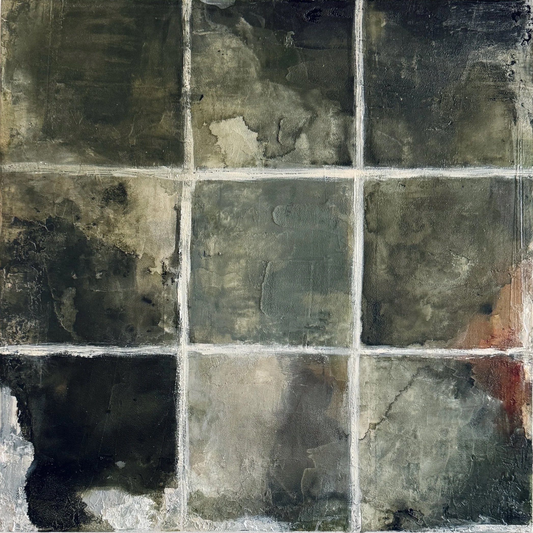 Full view of Inhabiting Time No. 1, an abstract geometric painting in layered moss green, charcoal, stone gray, cream, and rust.