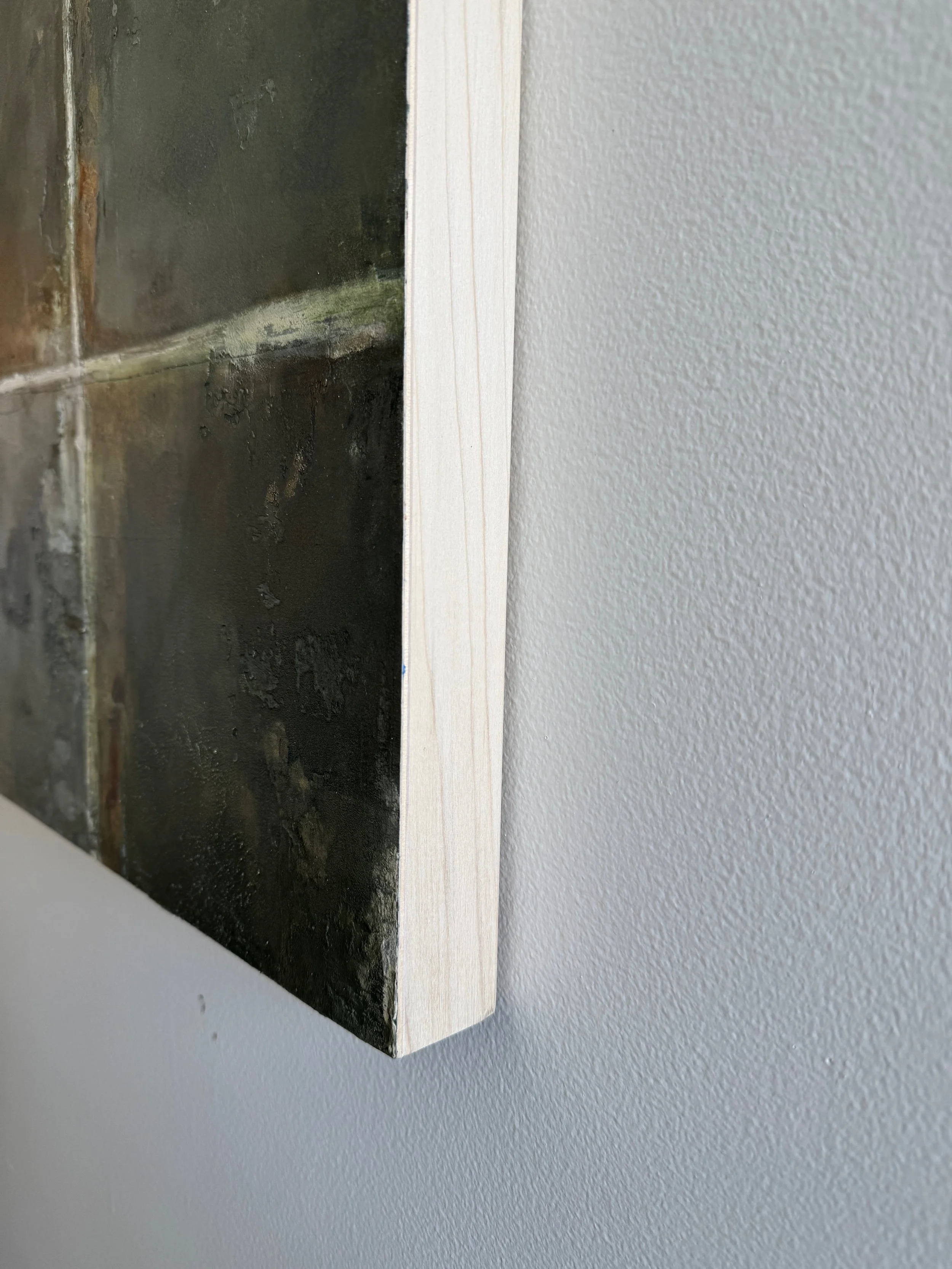 Side detail of Inhabiting Time No. 2 showing the textured painted surface and natural wood edge of the panel.