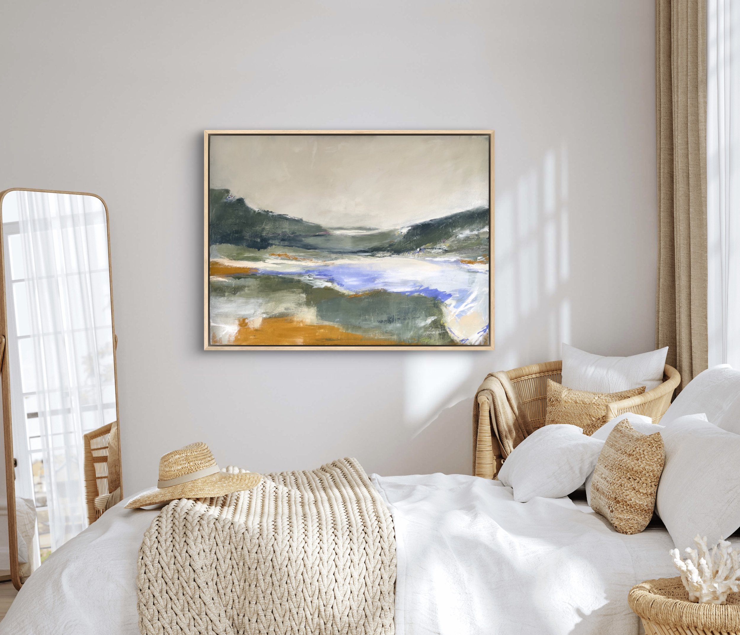 Abstract depiction of a springtime road trip along the central California coast, featuring creamy whites and soft, earthy greens.
