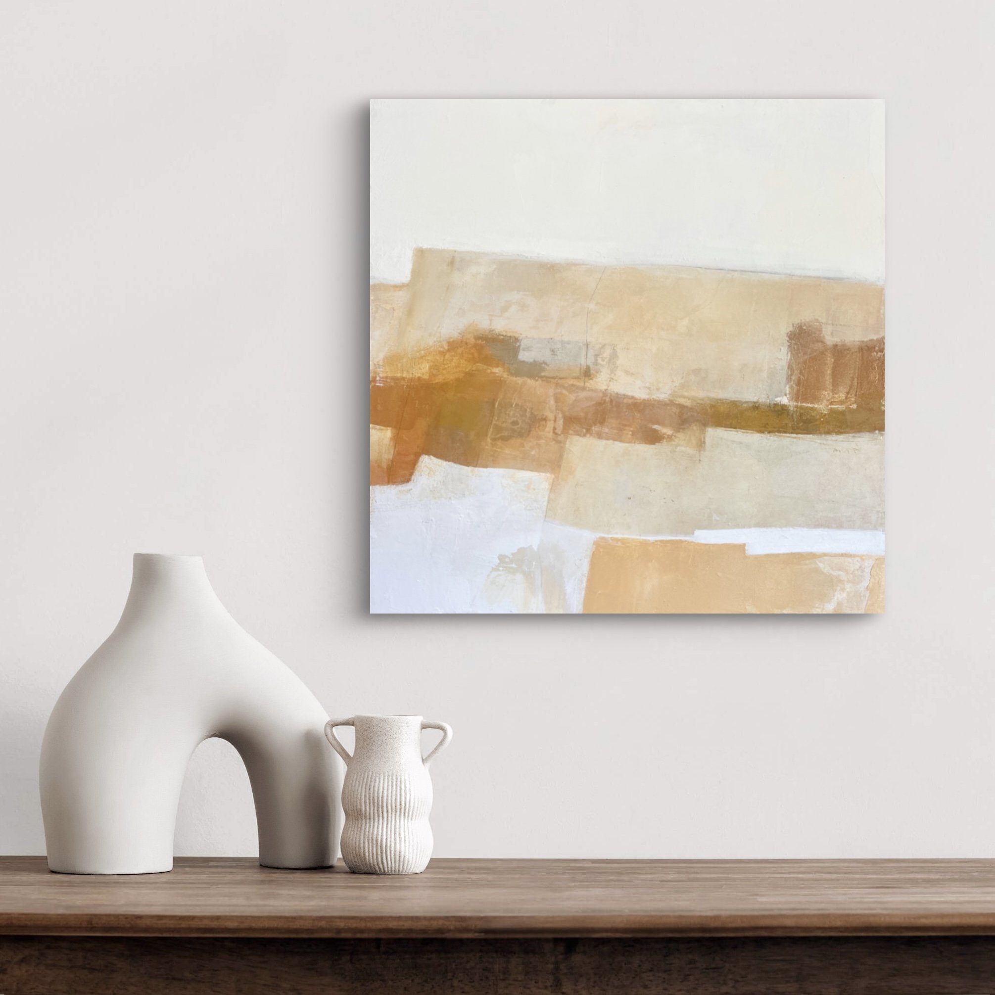 Abstract landscape painting featuring shades of terracotta and white with textured elements, inspired by canyon formations.