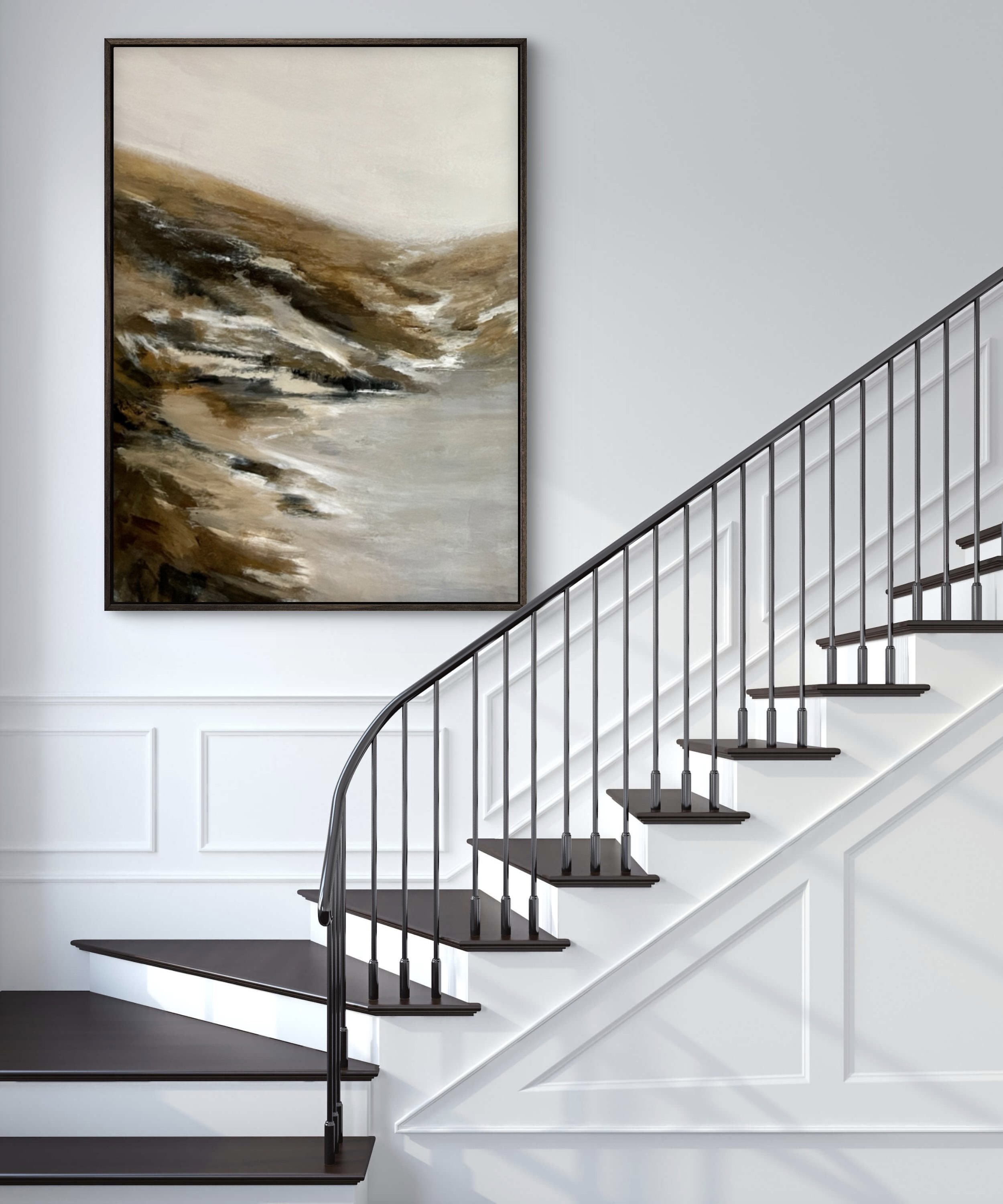 Wintering abstract landscape painting with earthy brown and gray hues, emphasizing texture and depth.