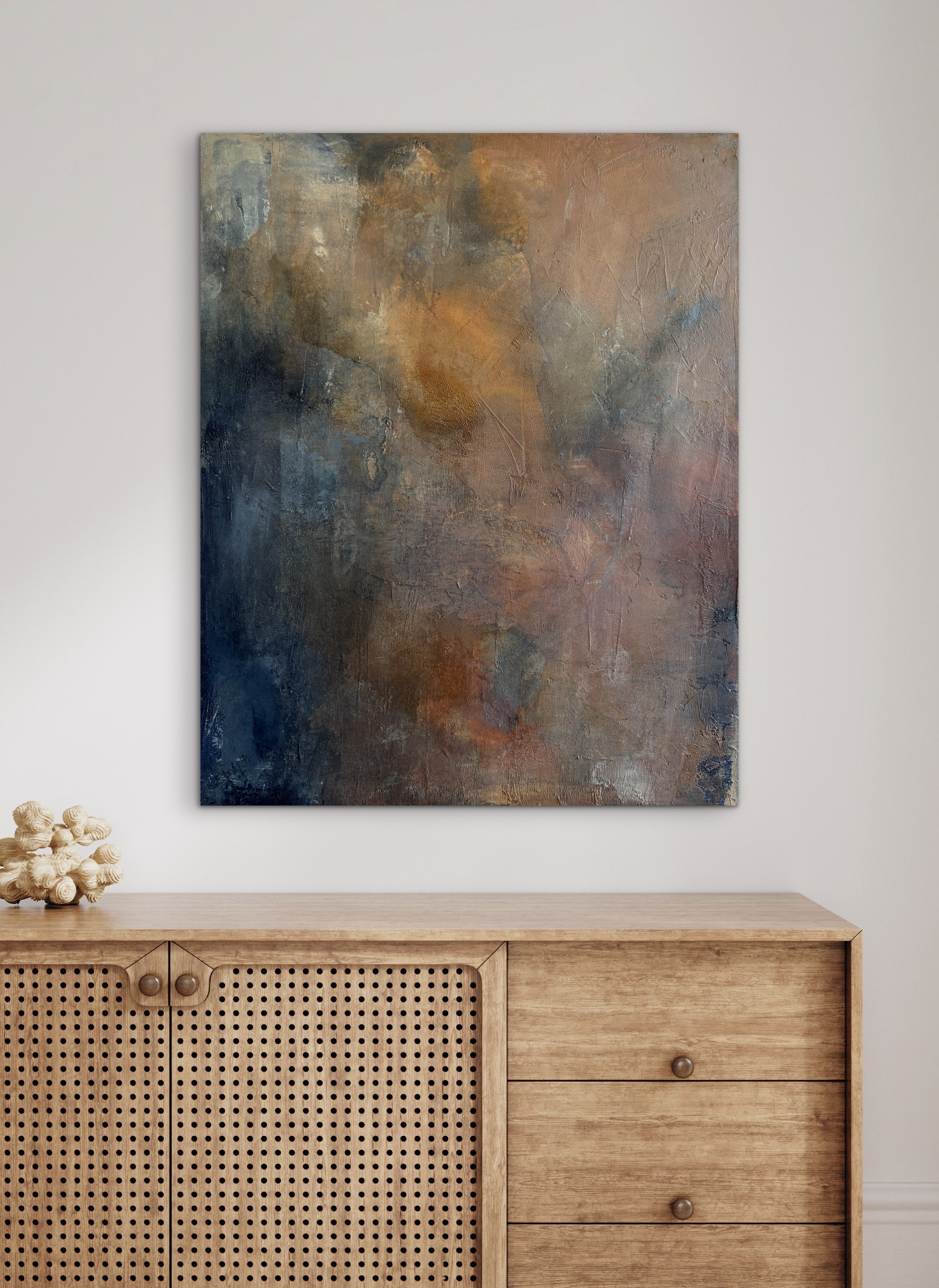 Abstract painting What Remains by Melanie Biehle displayed in a neutral interior setting