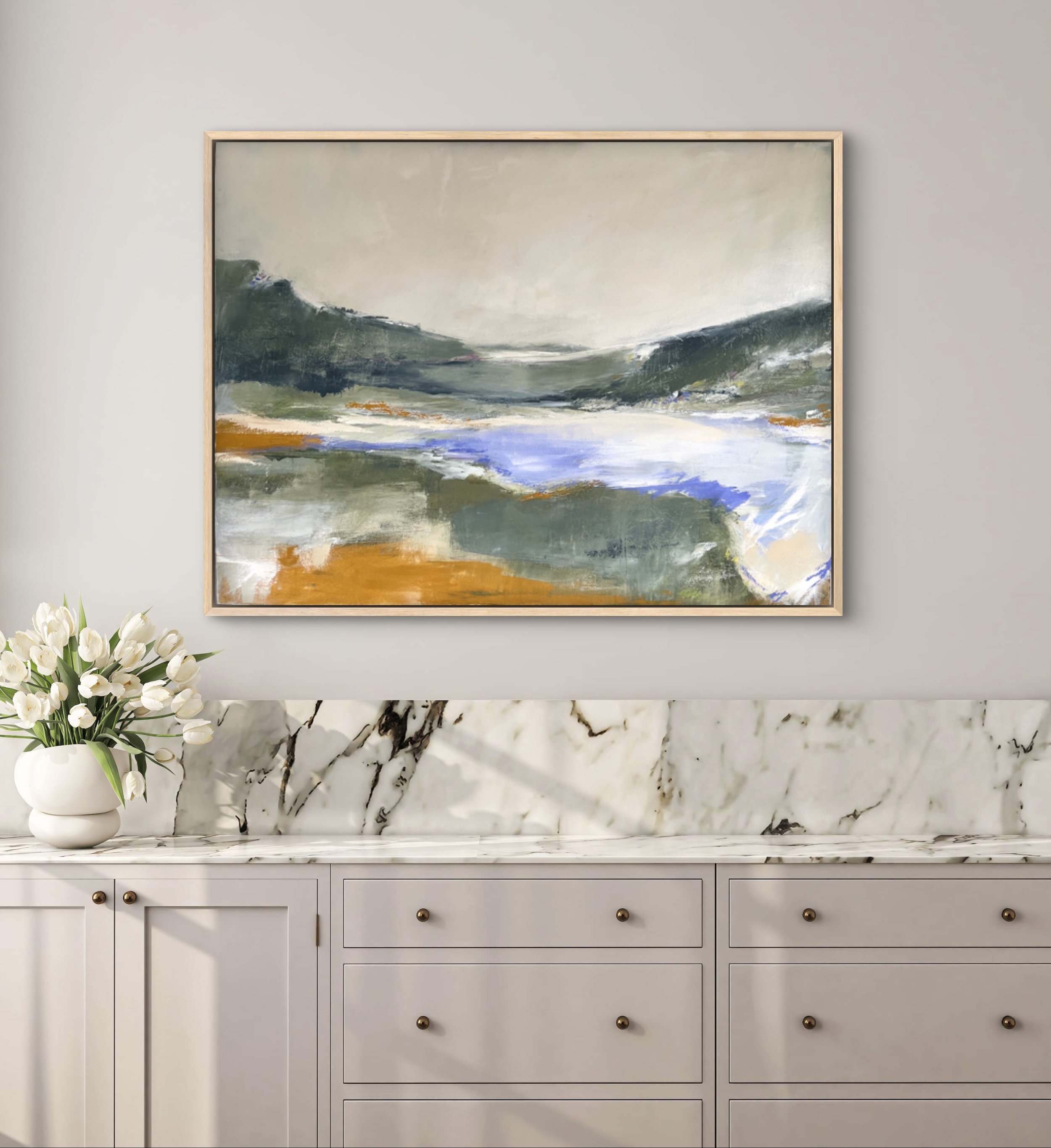 Landscape painting with a calming palette of sage and earthy greens, creamy whites, and subtle lavender, reminiscent of wildflowers in bloom.