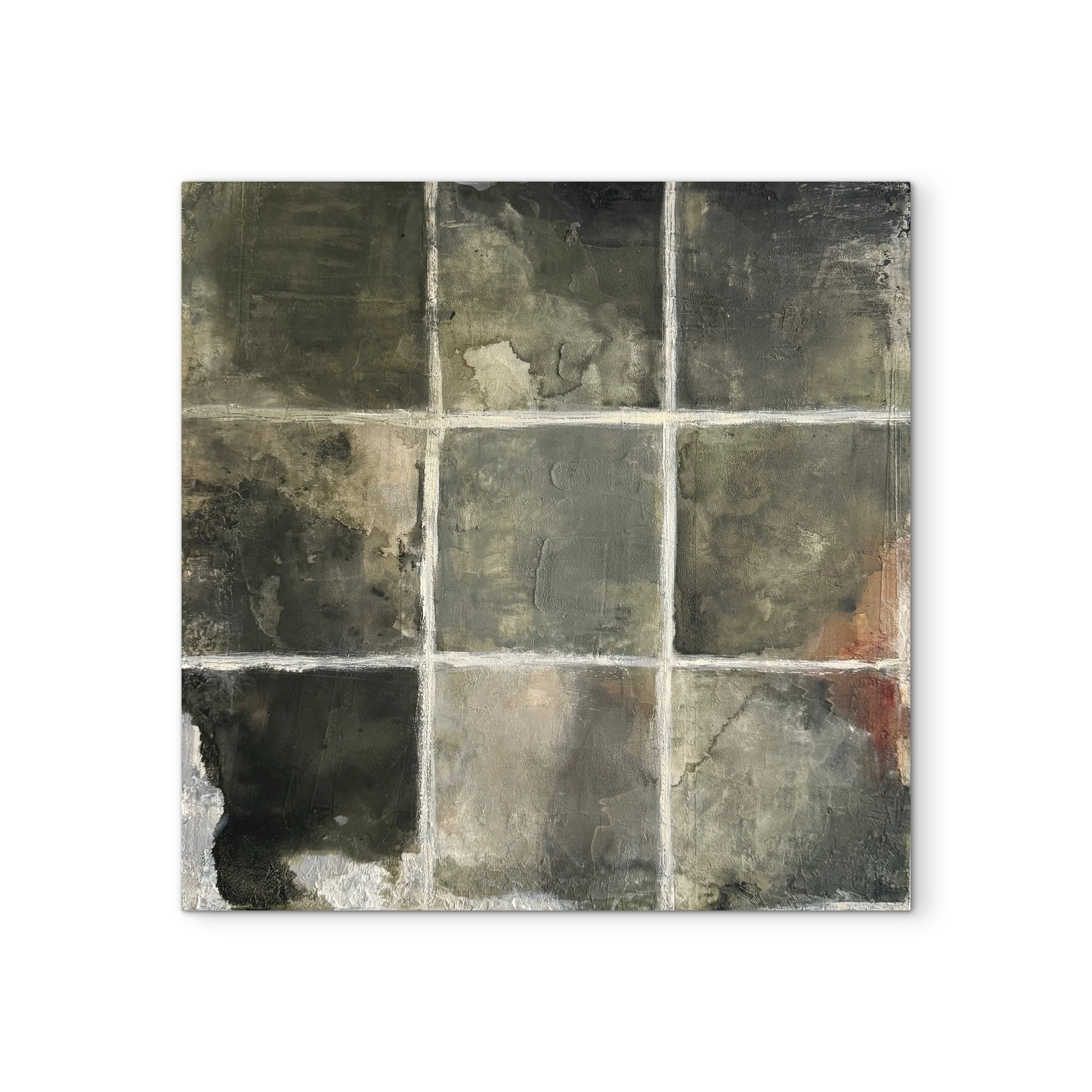Inhabiting Time No. 1, a square abstract painting with an imperfect grid, layered earthy greens, charcoal, cream, and rust.