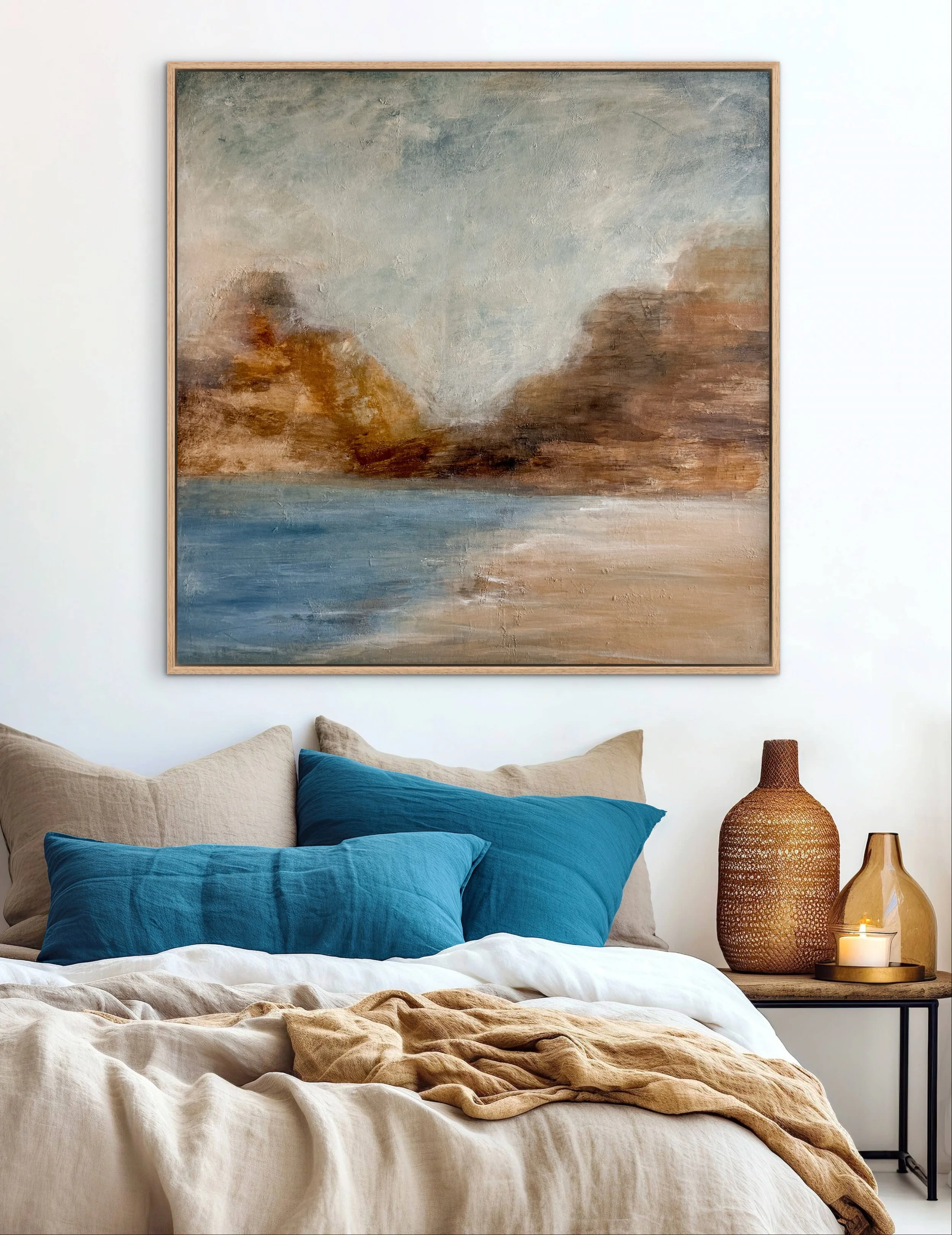 Where I Find Myself abstract painting displayed in a calm bedroom with neutral furnishings