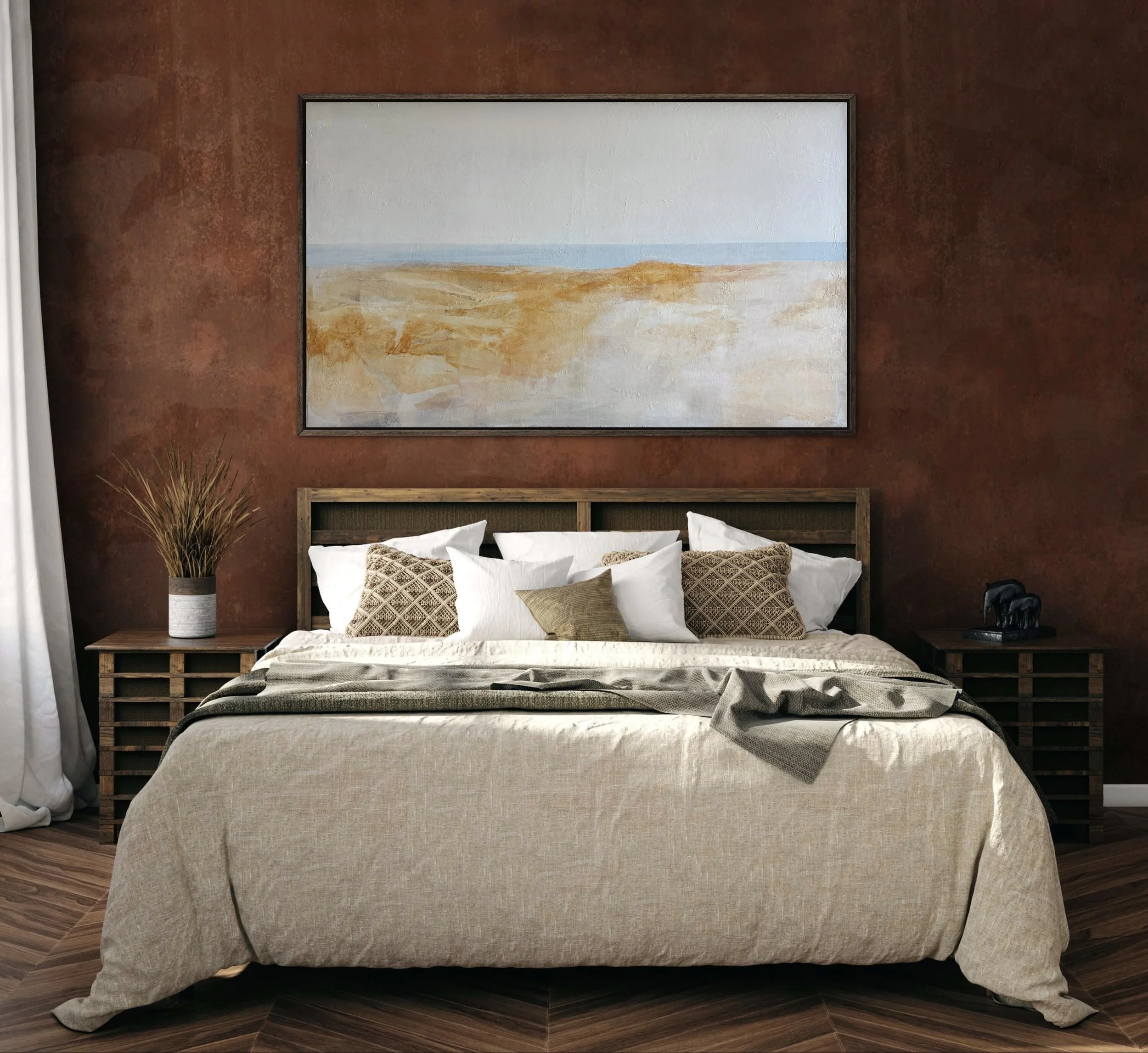 The Day We Met wide abstract seascape painting displayed above a bed in a warm, textured interior