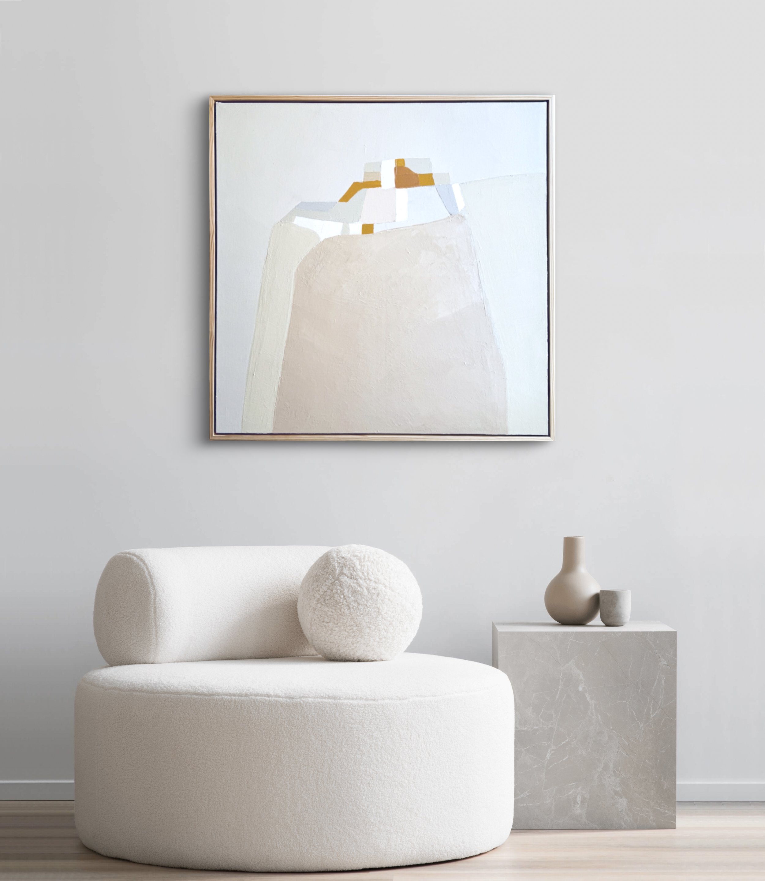 The abstract painting Worth the Trip in a modern living room with stylish, contemporary furniture, enhancing the space with its soft colors and light texture.