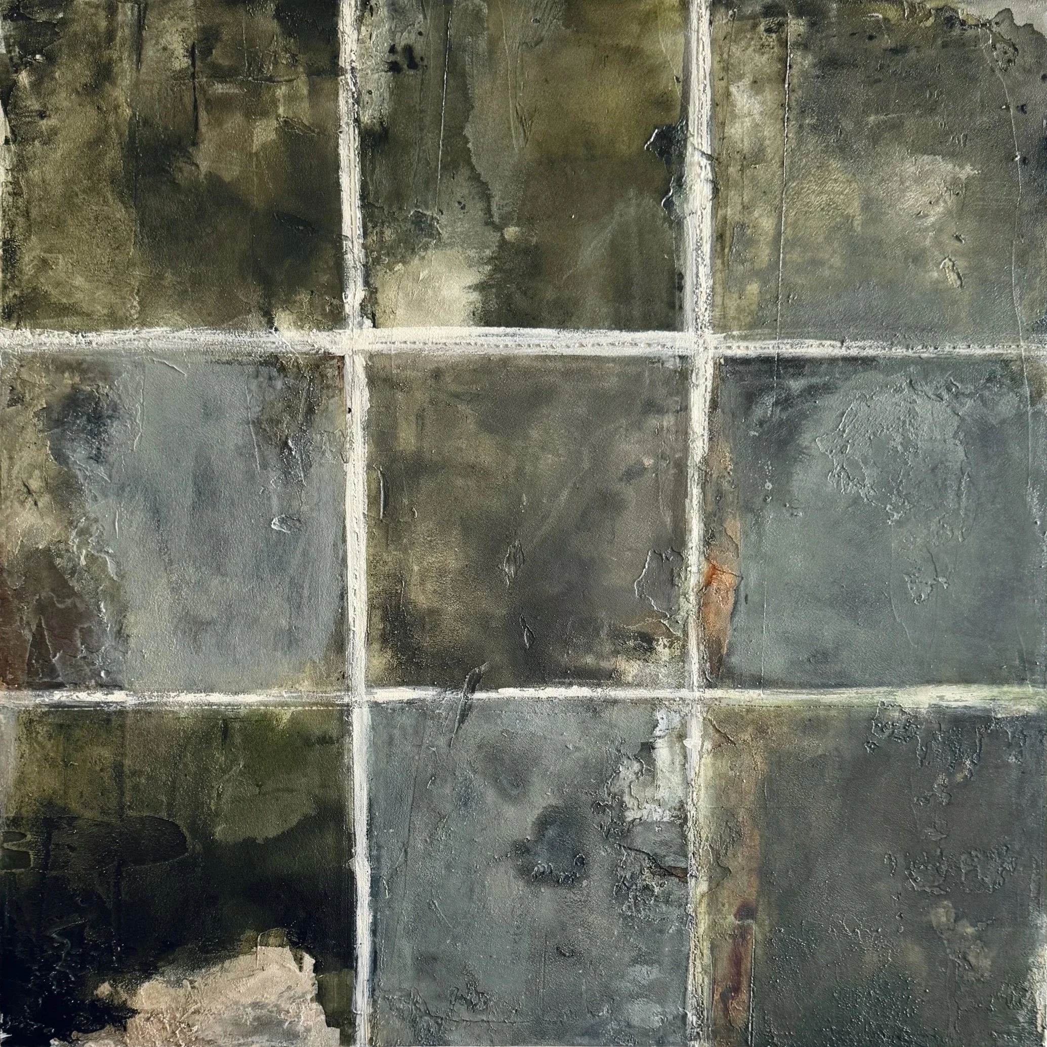 Full view of Inhabiting Time No. 2, an abstract geometric painting in layered olive green, charcoal, gray, cream, and touches of rust.