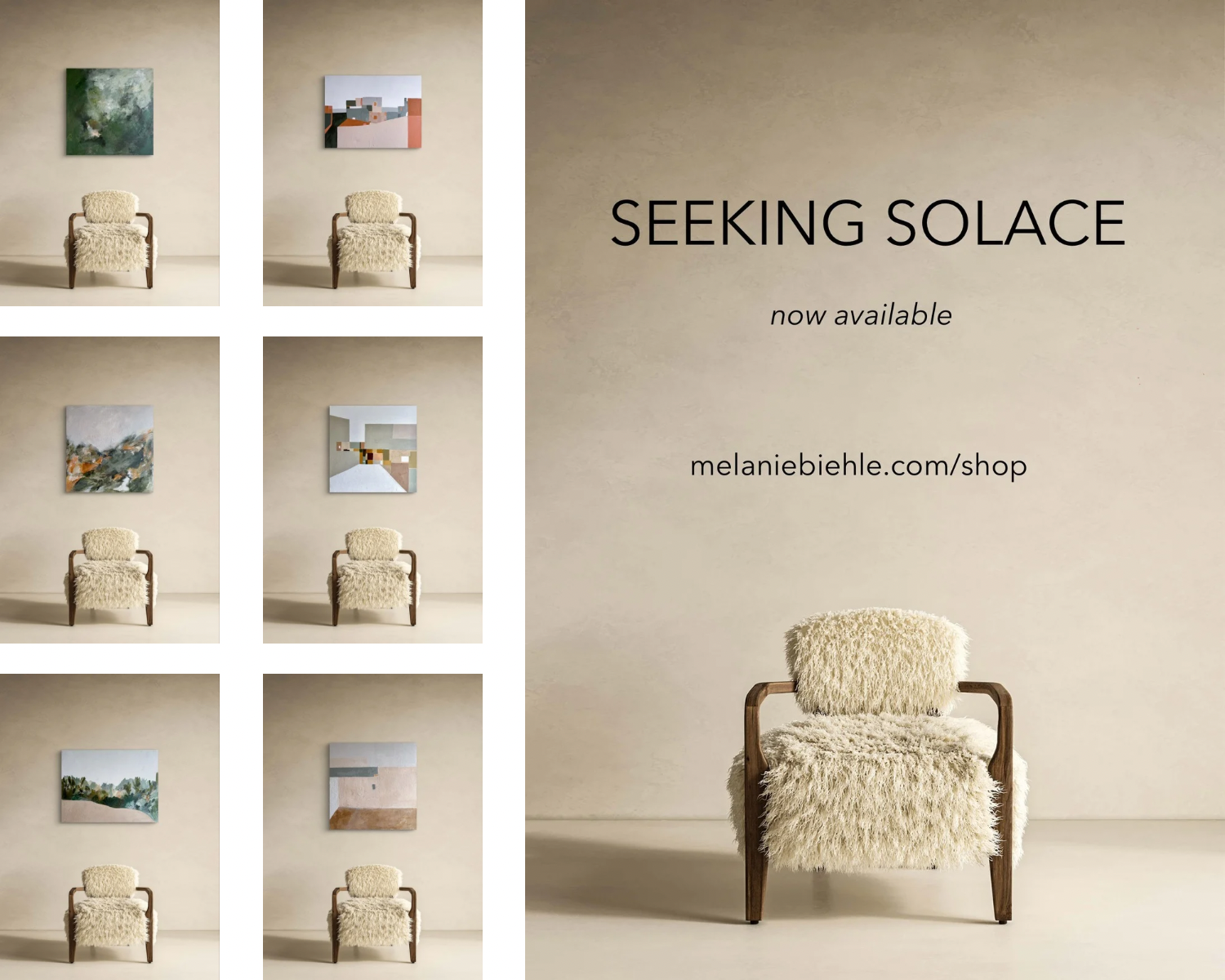 Collage introducing the Seeking Solace abstract painting collection in a neutral, limestone interior setting.