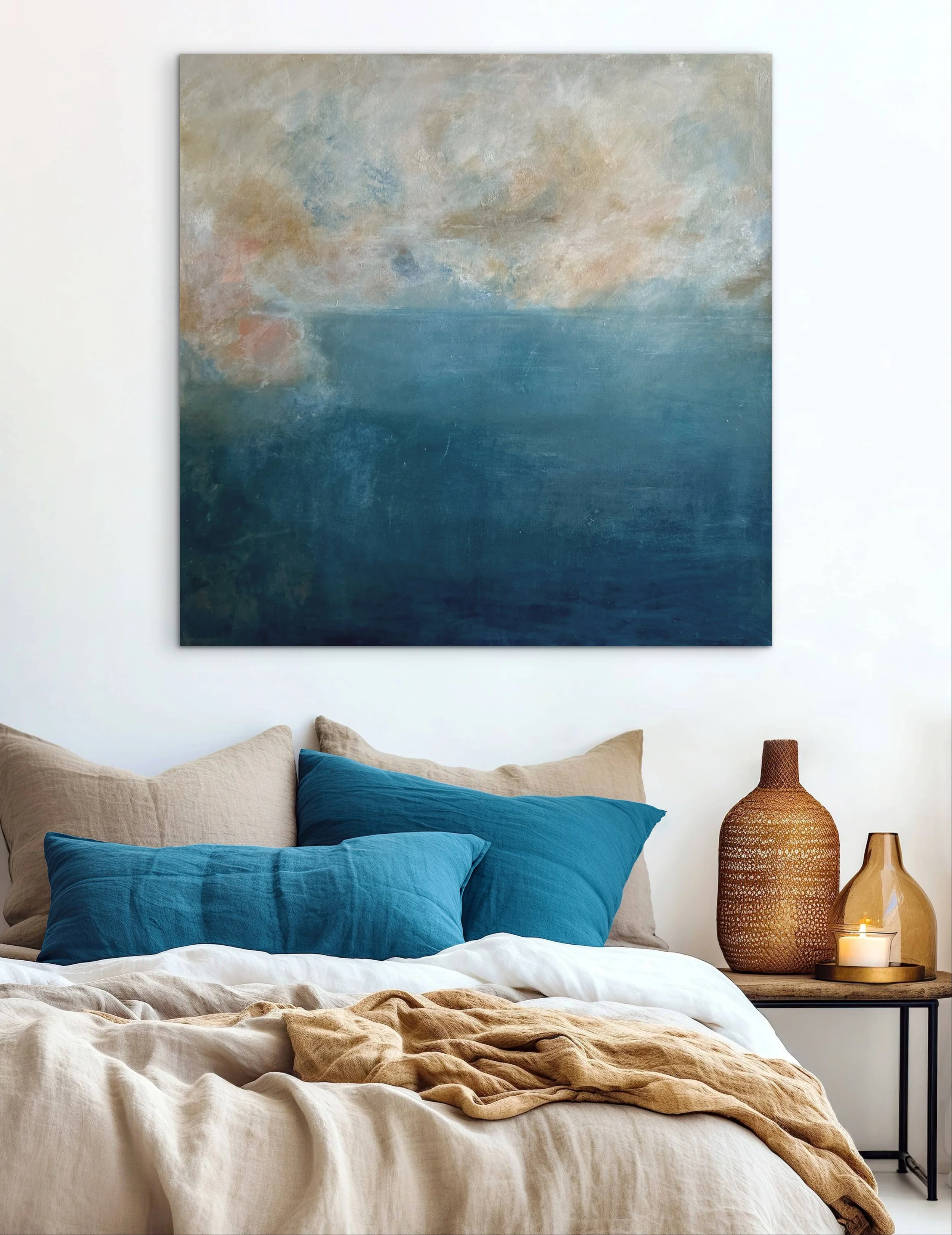 Held by Depth abstract seascape painting styled with ceramics and neutral decor