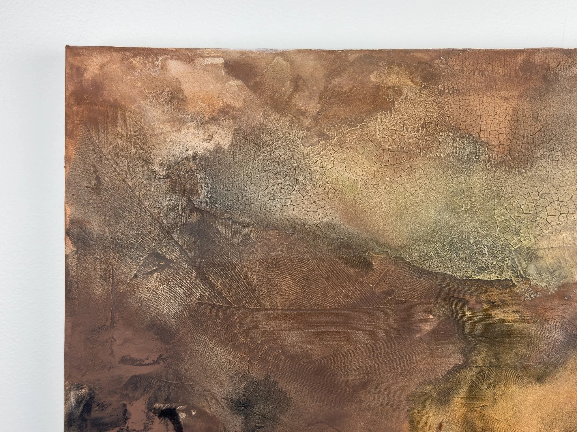 Close-up detail of A Lived Life showing crackled texture and layered surface created with mixed media