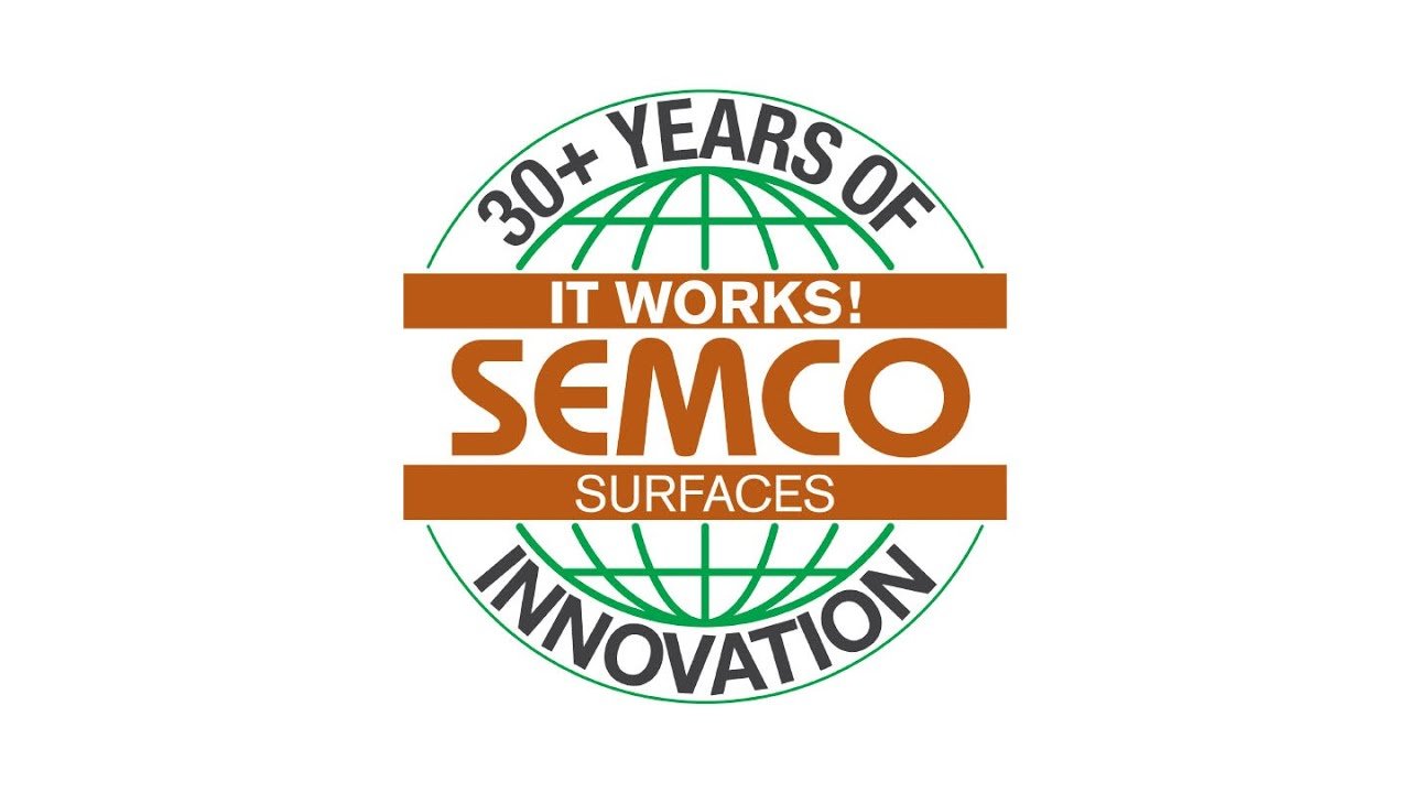 Logo celebrating over 30 years of SEMCO Surfaces, featuring a globe, with text about innovation and technology.