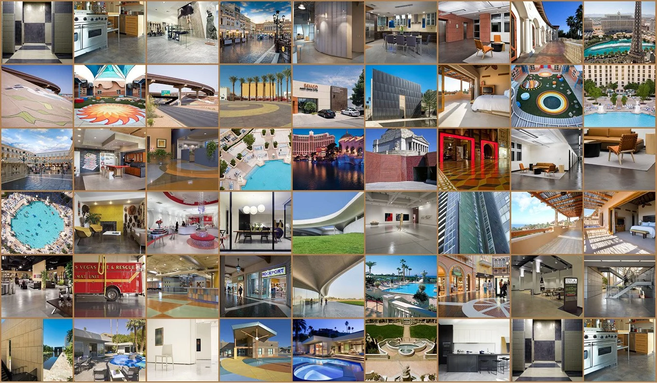 Collage of various hotel and resort interiors and exteriors, including lobbies, pools, outdoor spaces, and architectural details.