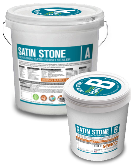 Two white containers labeled Satin Stone A and B for industrial satin finish sealer.