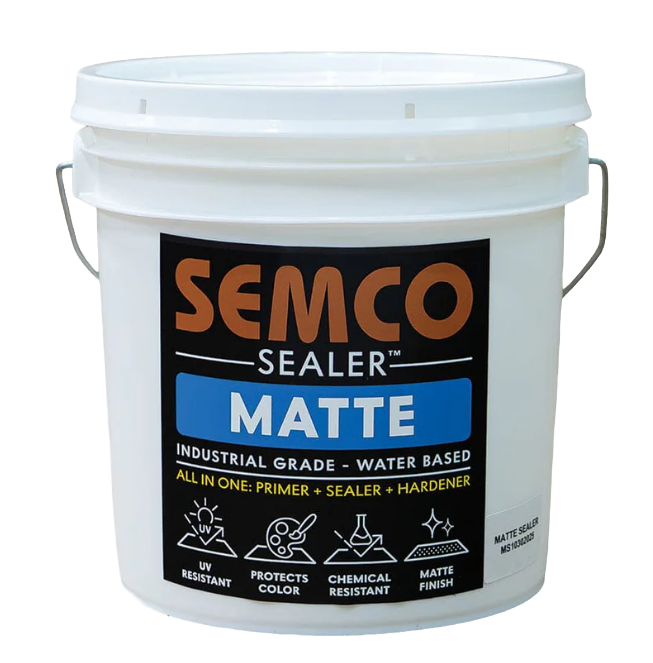 A white plastic bucket of SEMCO Sealer Matte with a black, blue, and orange label, indicating it is an industrial-grade, water-based sealer that is UV resistant, protects color, chemical resistant, and has a matte finish.