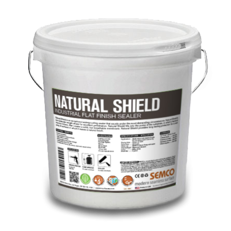 A white bucket of natural shield industrial flat finish sealer with a label that includes product information and icons.