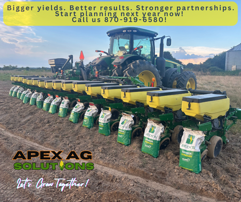 A tractor with planting equipment connected, situated on a farm field at sunset with a barn visible in the background. Promotional text and company logo overlay the image.