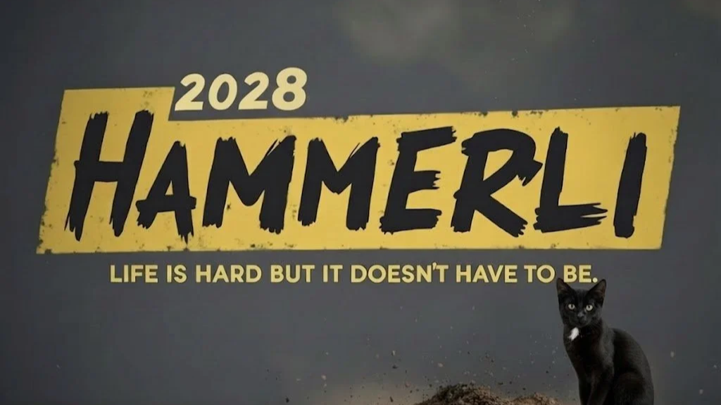 A poster with the text '2028 HAMMERLI' and the tagline 'Life is hard but it doesn't have to be.' A black cat sitting in front of a dark background.