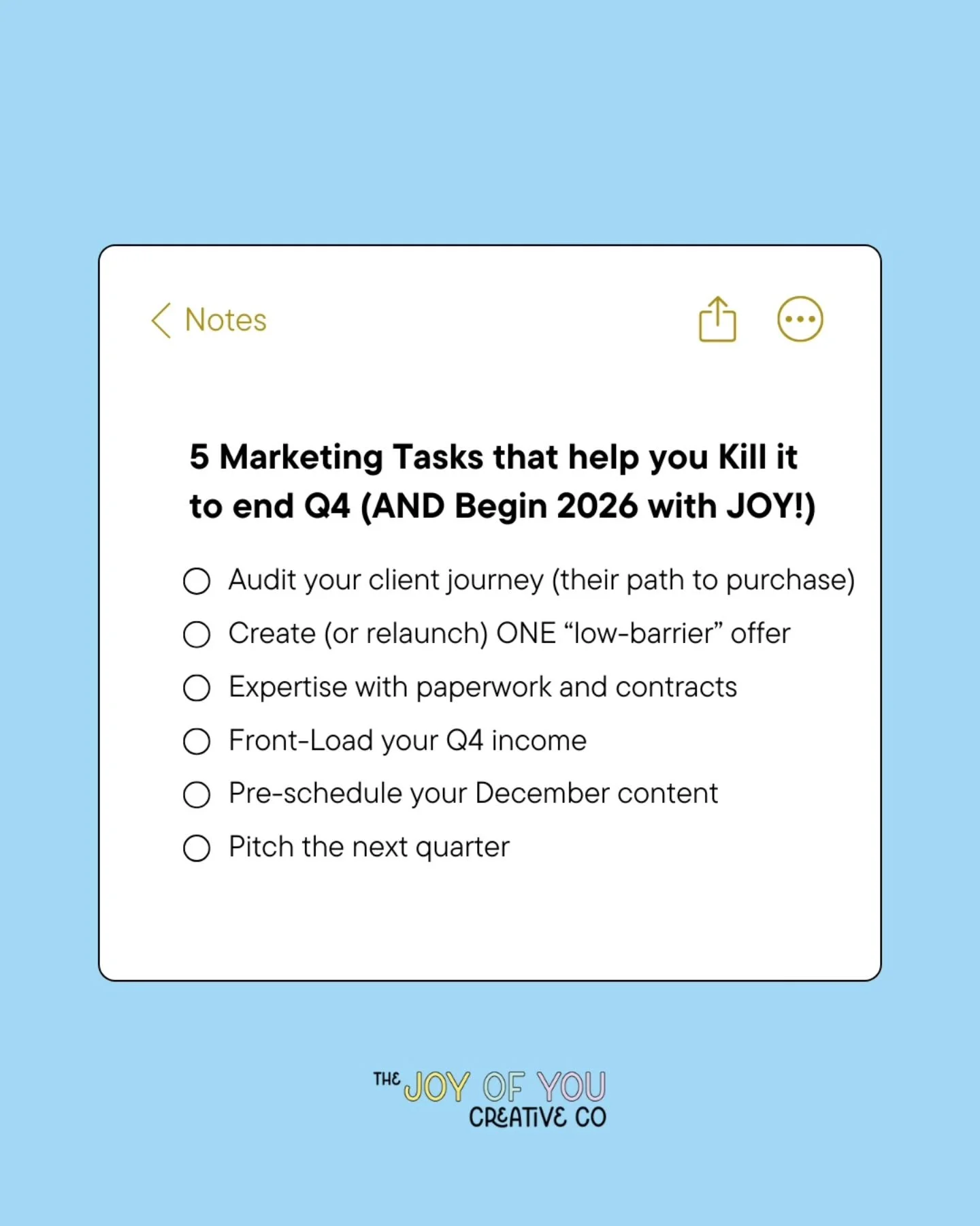 BIZ OWNER MATH:

There are 6 weeks left in the year, and you likely won't be working for at least 3 of those weeks, so you've got 3 weeks left to set yourself up for 2026! 

If that math stressed you out, we need to talk, friend. 

The back end of Q4