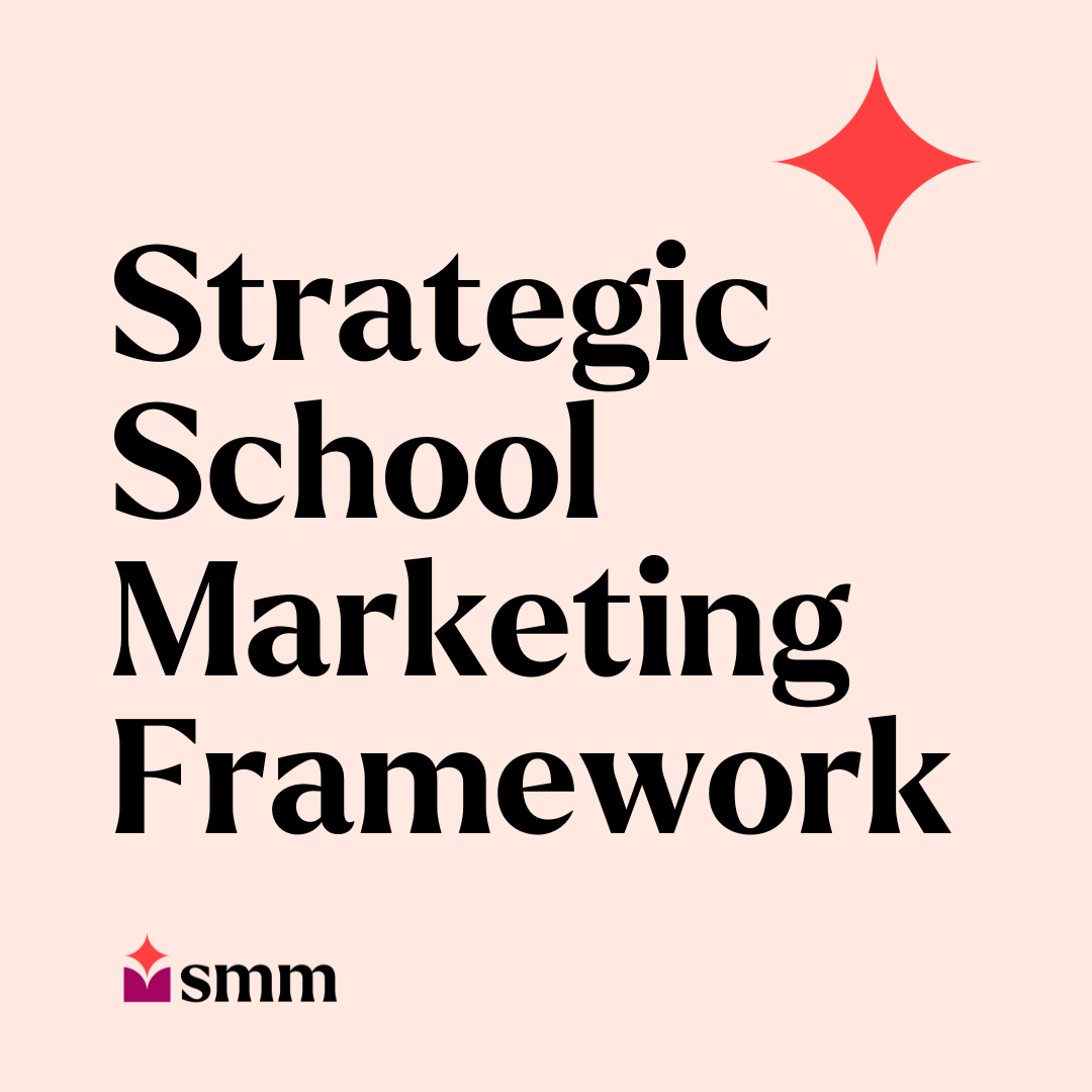 A light pink background with large black text that reads 'Strategic School Marketing Framework'. A red star-shaped graphic in the top right corner and a smaller red star graphic with a purple square at the bottom left corner, followed by the lowercase letters 'smm'.