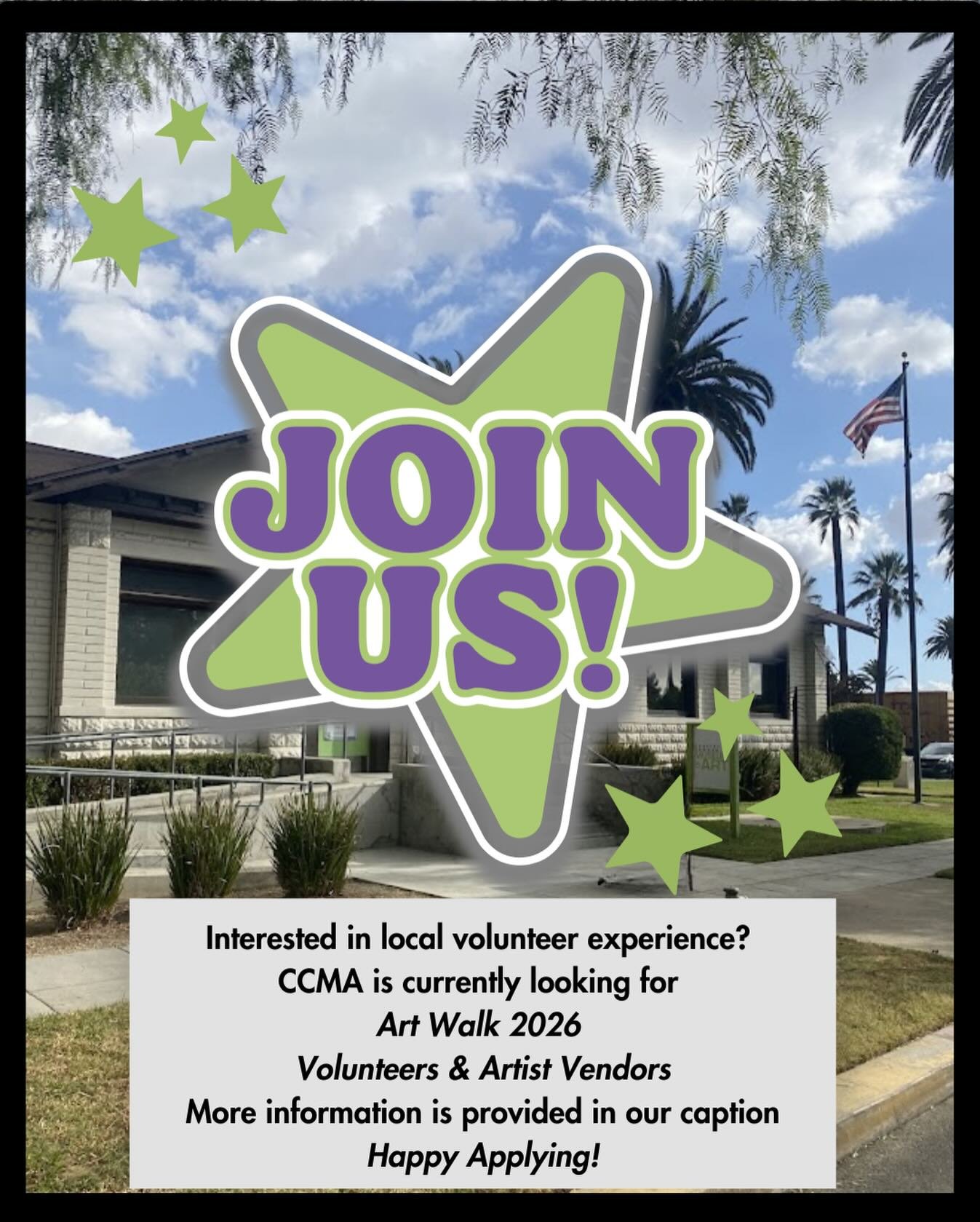 Now accepting applications for Ontario Art Walk at CCMA 📣

We are seeking artist vendors and volunteers for the upcoming Ontario Art Walk on Saturday, February 21st from 6 PM - 9 PM. 

We are looking for competency with the local community, team-ori