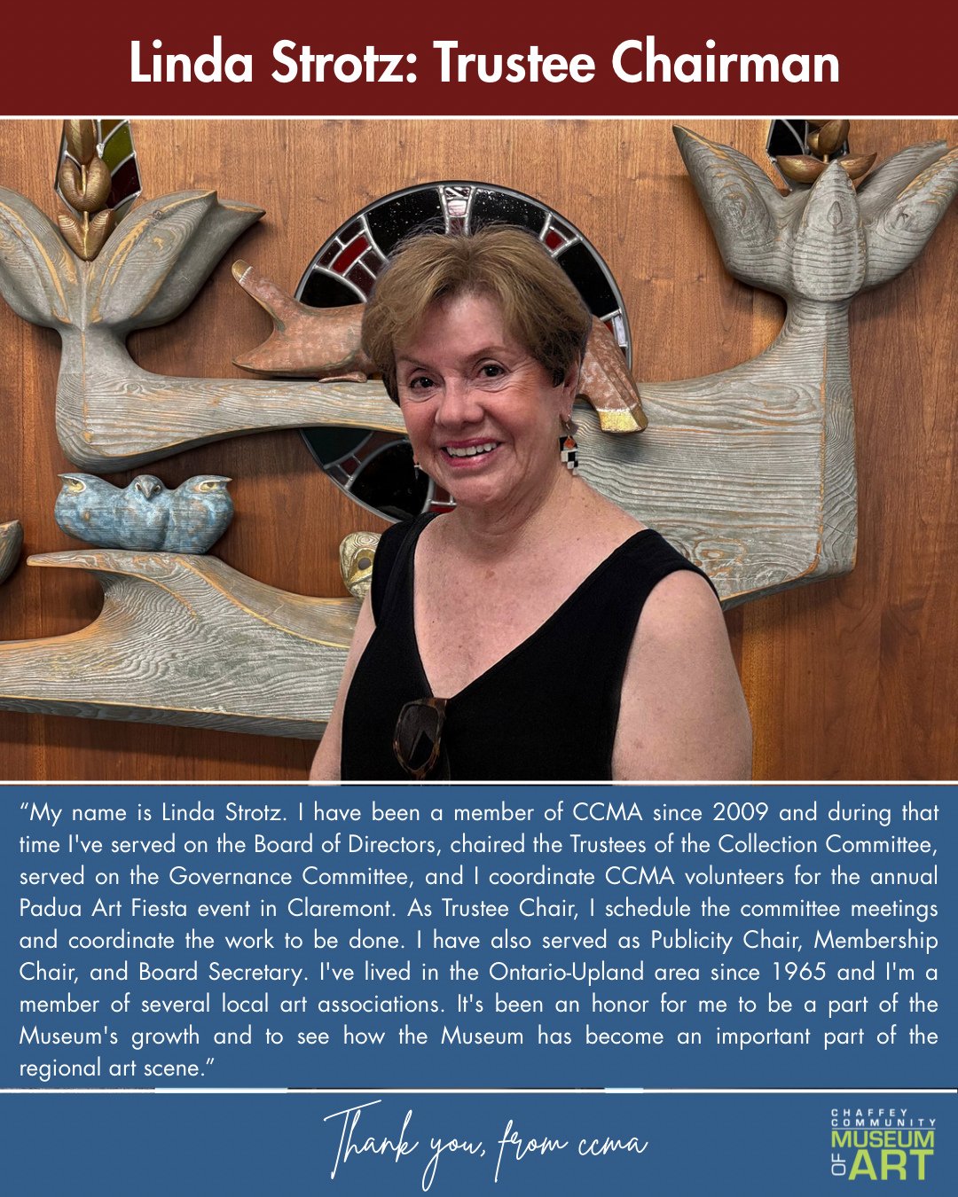 CCMA is proud to present our trustworthy and responsible Trustee Chairman, Linda Strotz! 

This post marks the second of our series, dedicated to introducing our Board of Directors!

Please look forward to their testimonials as we get insight from th