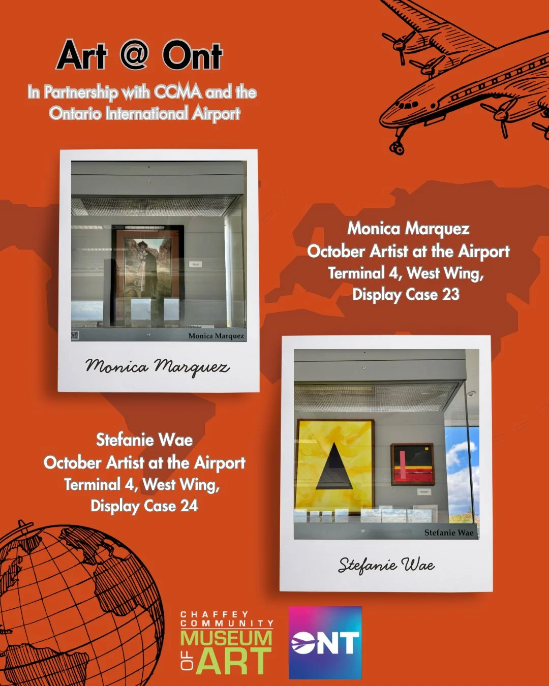 CCMA Presents the October ONT Art at the Airport Displaying Artists! 

Did you know that since 2018, CCMA has managed the art program at the Ontario International Airport? Passengers who are waiting for flights can view art created by the many talent