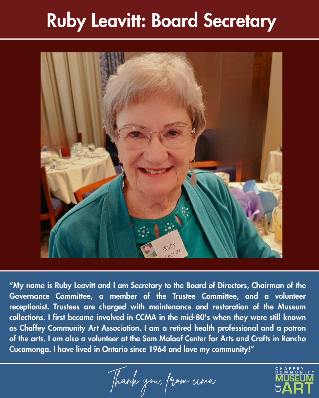 CCMA is proud to present our dedicated and kind Board Secretary, Ruby Leavitt! 

This post marks the third of our series, dedicated to introducing our Board of Directors!

Please look forward to their testimonials as we get insight from the individua