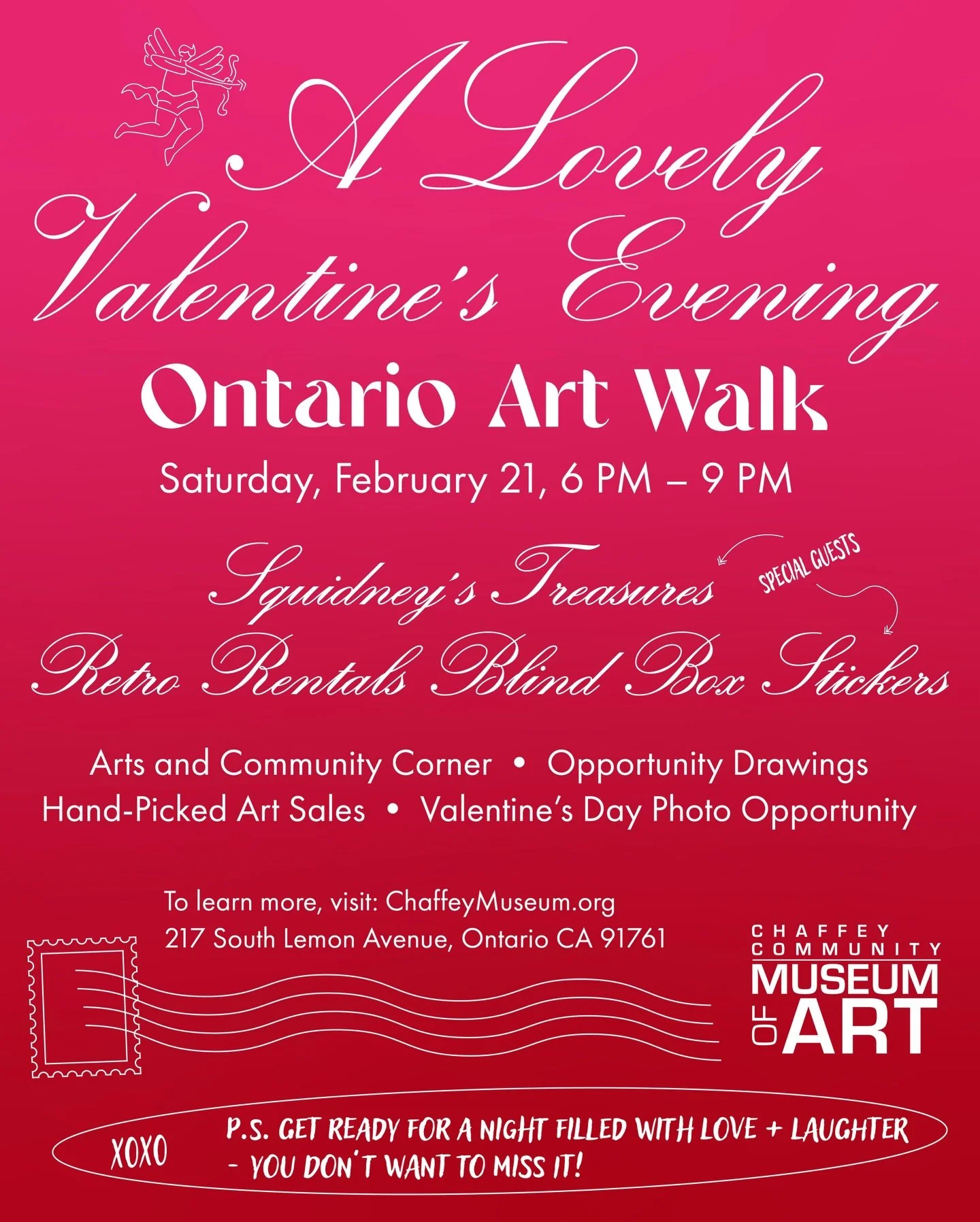 Dear readers, CCMA invites you all to our Lovely Valentine&rsquo;s Evening hosted during the Ontario February Art Walk. 

Filled with fun activities&nbsp;such as a Valentine&rsquo;s photo opportunity, special hand-picked art sales, an opportunity dra