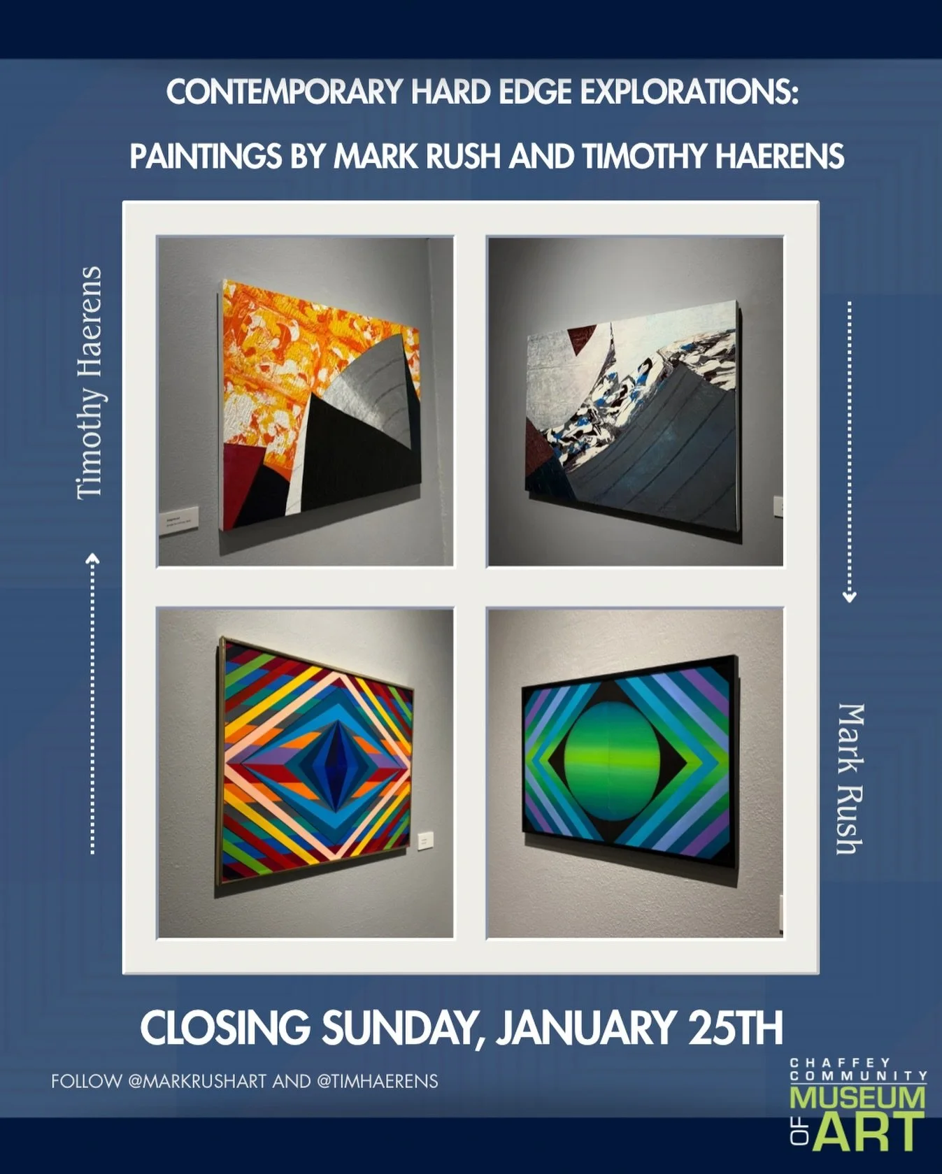 Closing Announcement 📢: The Contemporary Hard Edge Explorations: Paintings by Mark Rush and Timothy Haerens. 

Witness these spectacular pieces and so many more for the last time this Sunday. We cannot thank Mark and Timothy enough for their incredi