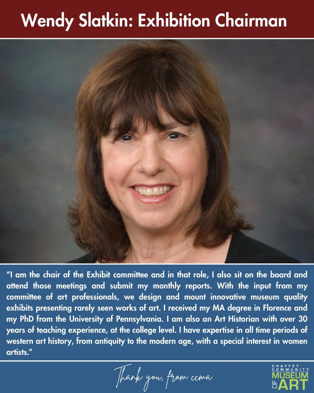 CCMA is proud to present our intelligent and dedicated Exhibition Chairman Wendy Slatkin! 

This post marks the fourth of our series, dedicated to introducing our Board of Directors!

Please look forward to their testimonials as we get insight from t