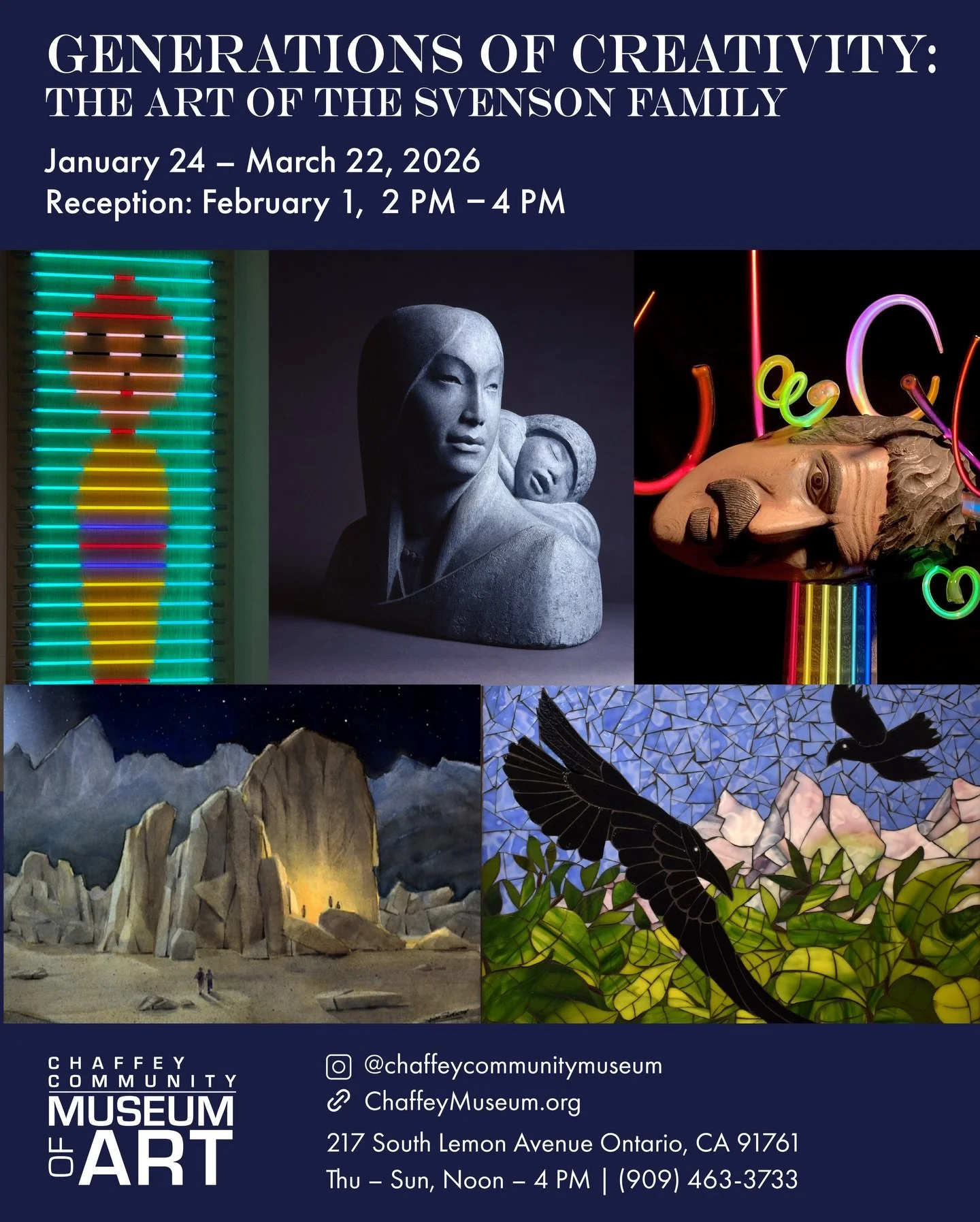Need Sunday Plans to start your February? 

Join us February 1st from 2 PM to 4PM to enjoy our upcoming reception to celebrate CCMA&rsquo;s brand new exhibition Generations of Creativity: The Art of the Svenson Family.

This exhibition presents a wea