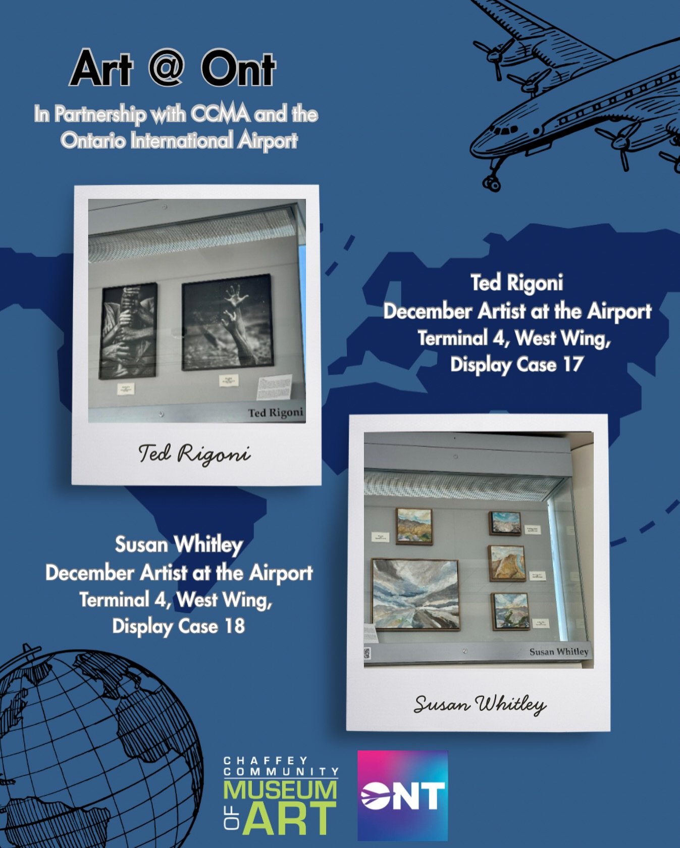 CCMA Presents the December ONT Art at the Airport Displaying Artists! 

Did you know that since 2018, CCMA has managed the art program at the Ontario International Airport? Passengers who are waiting for flights can view art created by the many talen