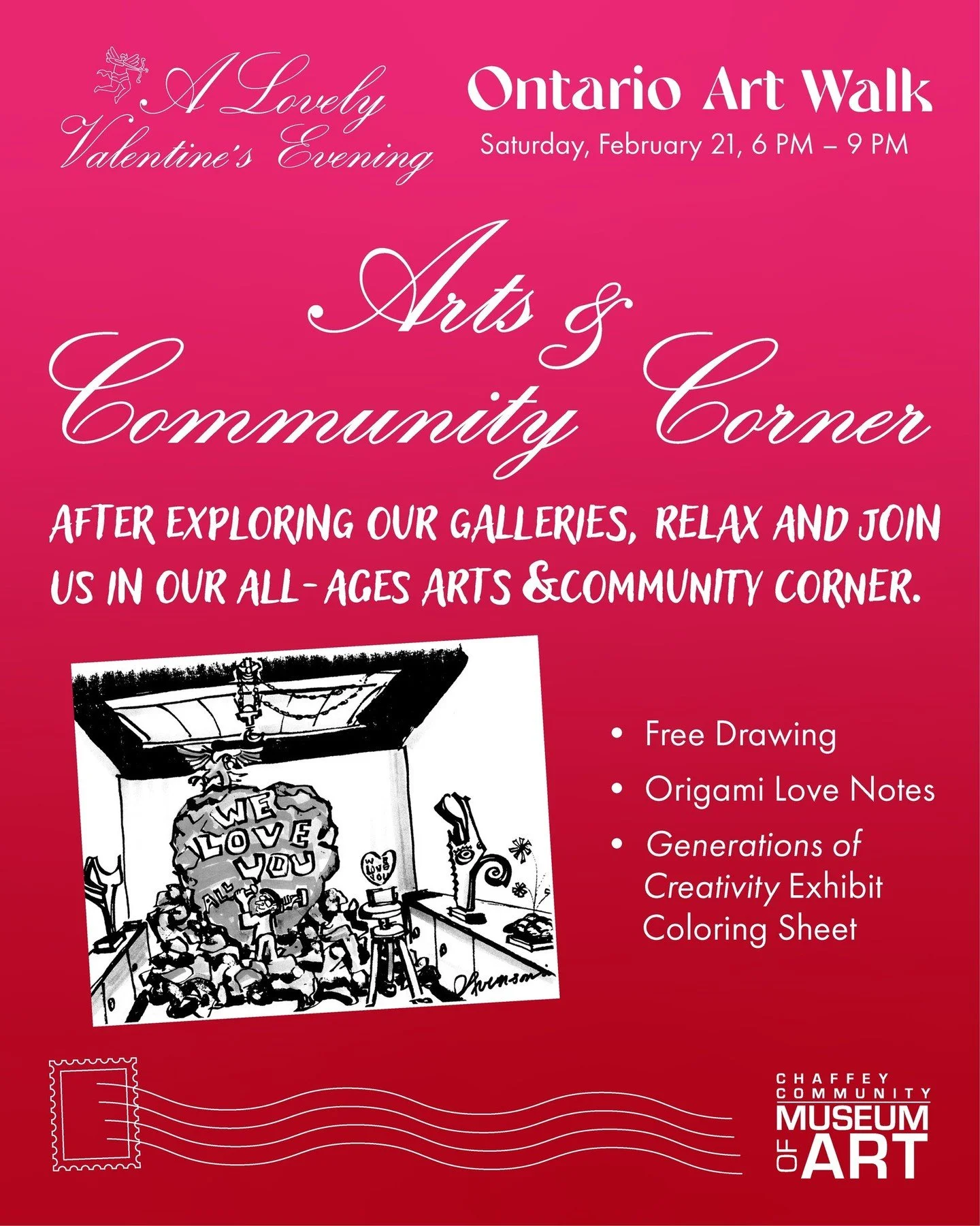 Dear readers, CCMA invites you all to our Lovely Valentine&rsquo;s Evening hosted during the Ontario February Art Walk. 

Filled with fun activities such as a Valentine&rsquo;s photo opportunity, special hand-picked art sales, an opportunity drawing,