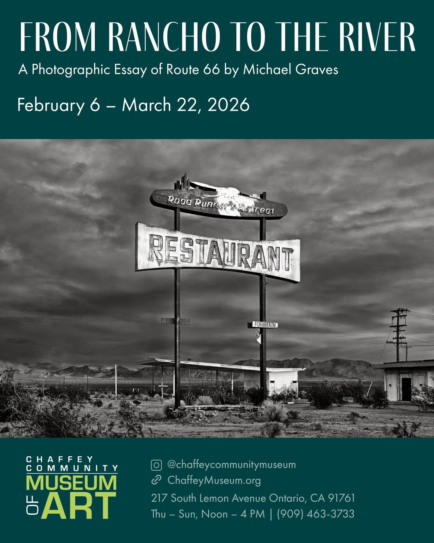 From Rancho to the River: A photographic essay of Route 66 

As a celebration of its 100th birthday, this group of black and white photographs documents the famous Route 66 through San Bernardino County. Old motels, weathered signs, abandoned buildin