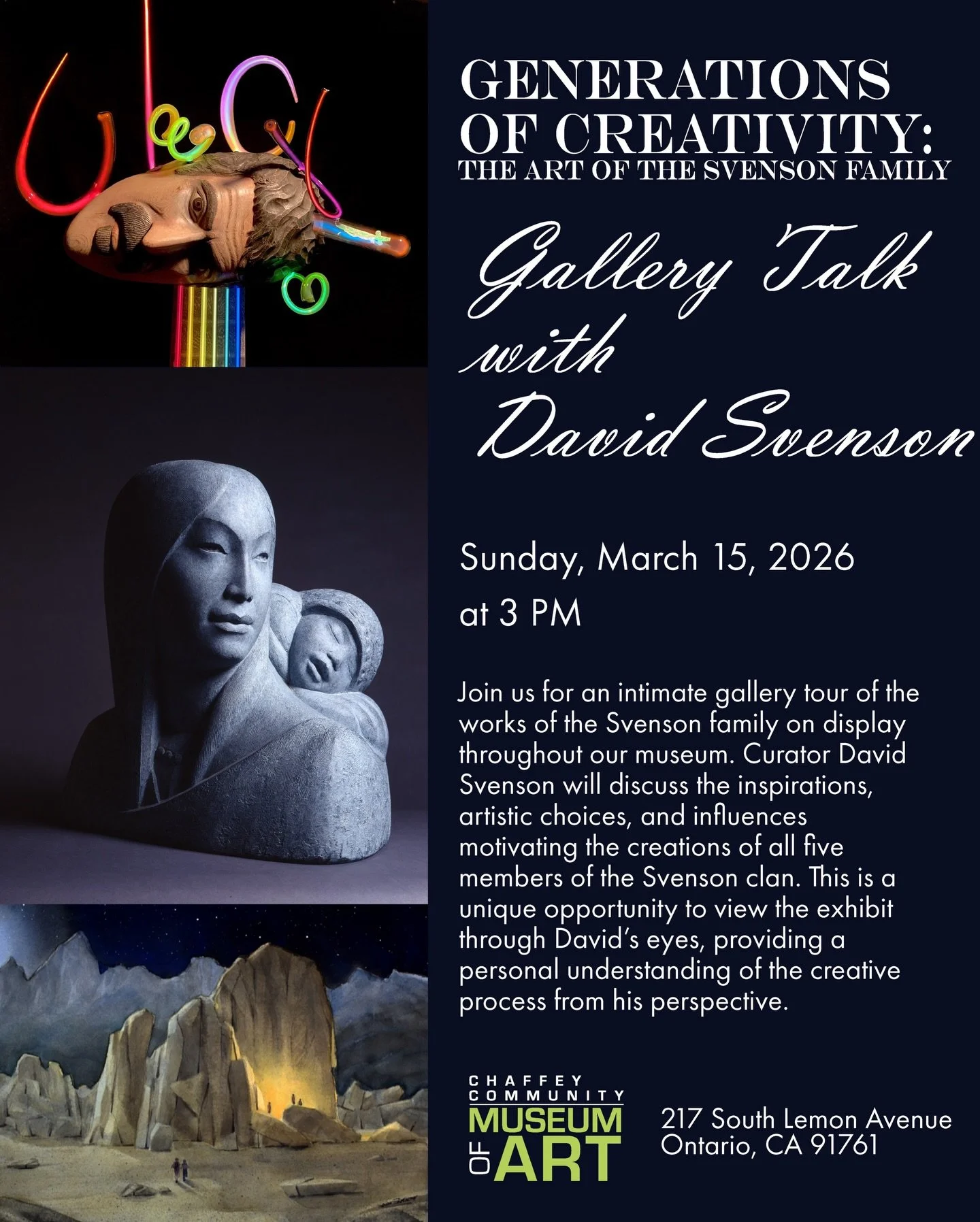 David Svenson&rsquo;s Gallery Talk coming March 15!

CCMA&rsquo;s museum-wide exhibition Generations of Creativity: the Art of the Svenson Family has attracted a large and diverse audience of visitors. Join exhibition curator David Svenson as he expl