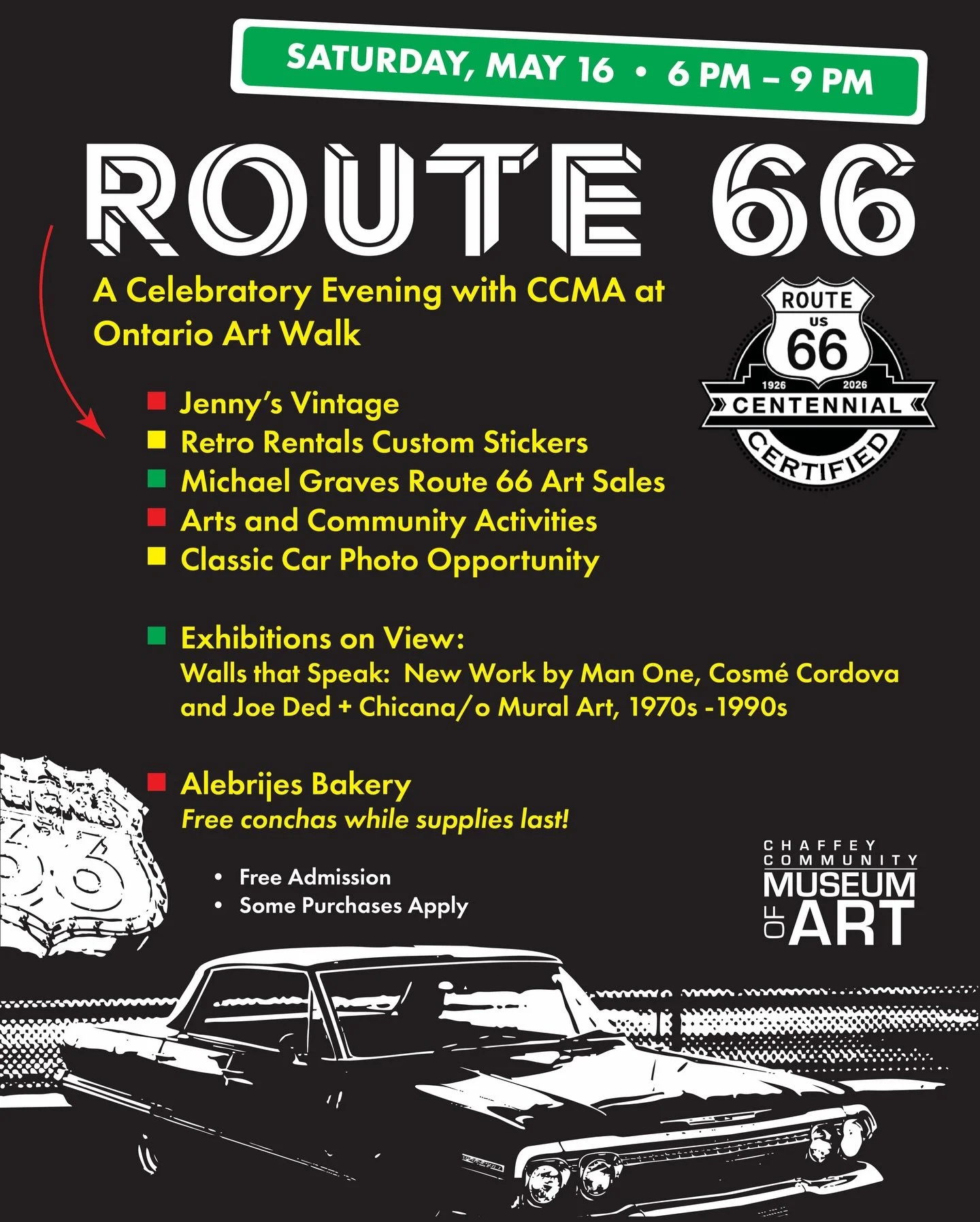 Route 66: A Celebratory Evening at CCMA

Join us May 16th 6PM-9PM to celebrate 100 years of Route 66 during our quarterly May Art walk!

We are excited to provide such vendors as @_jennysvintage_ , providing her beautiful jewelry and fabric merchandi